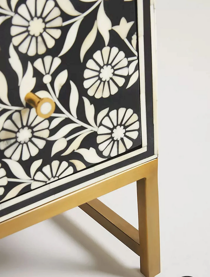 Bone Flora Inlay 3 Drawers Chest of Drawers, Bone Inlay Drawers Dresser, Bone Inlay Chest of Drawers, Bone Inlay Furniture Sideboard Floral