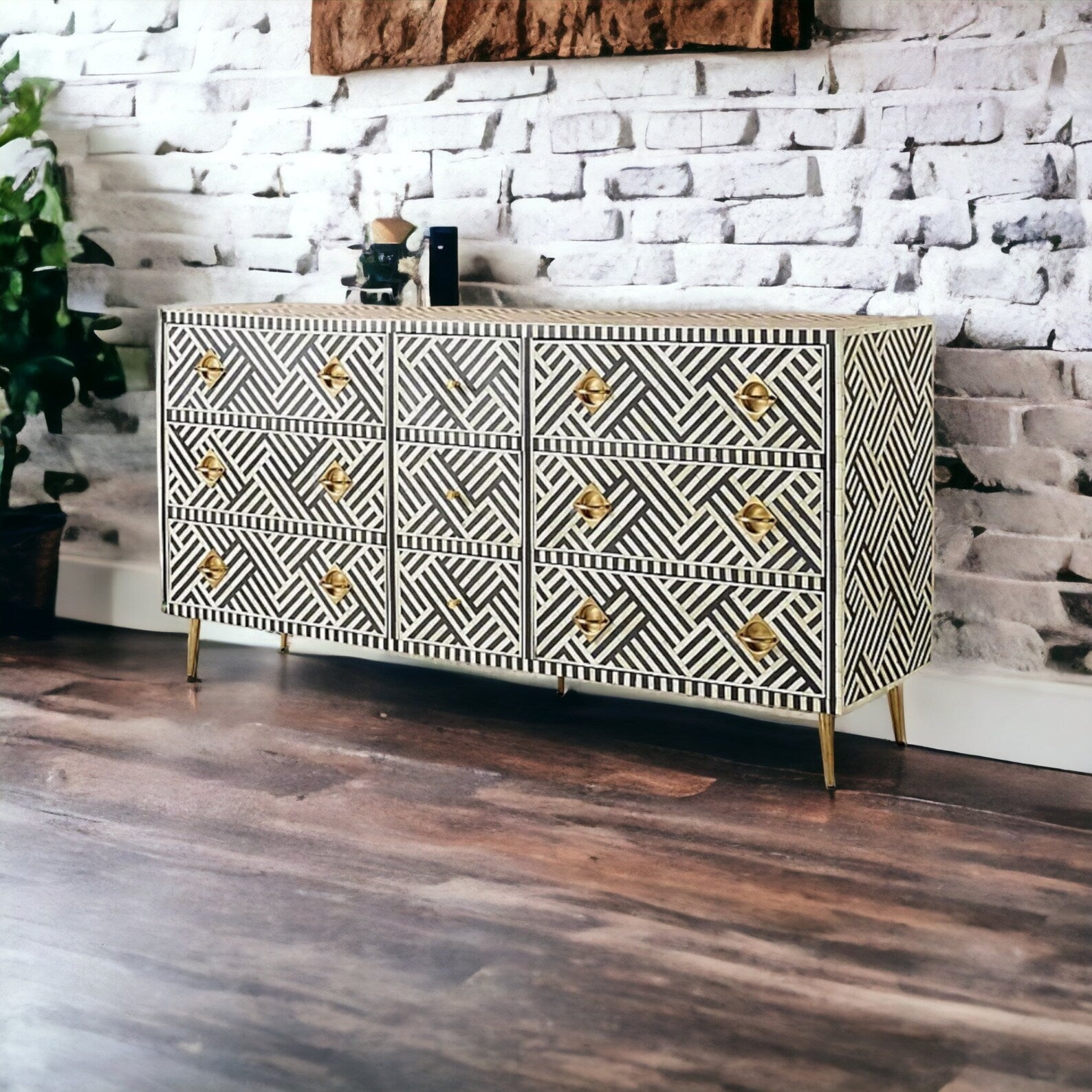 Bone Inlay Optical 9 Drawers Chest of Drawers Bone Inlay Drawers Dresser Bone Inlay Chest of Drawers Bone Inlay Furniture Storage MOP Inlay