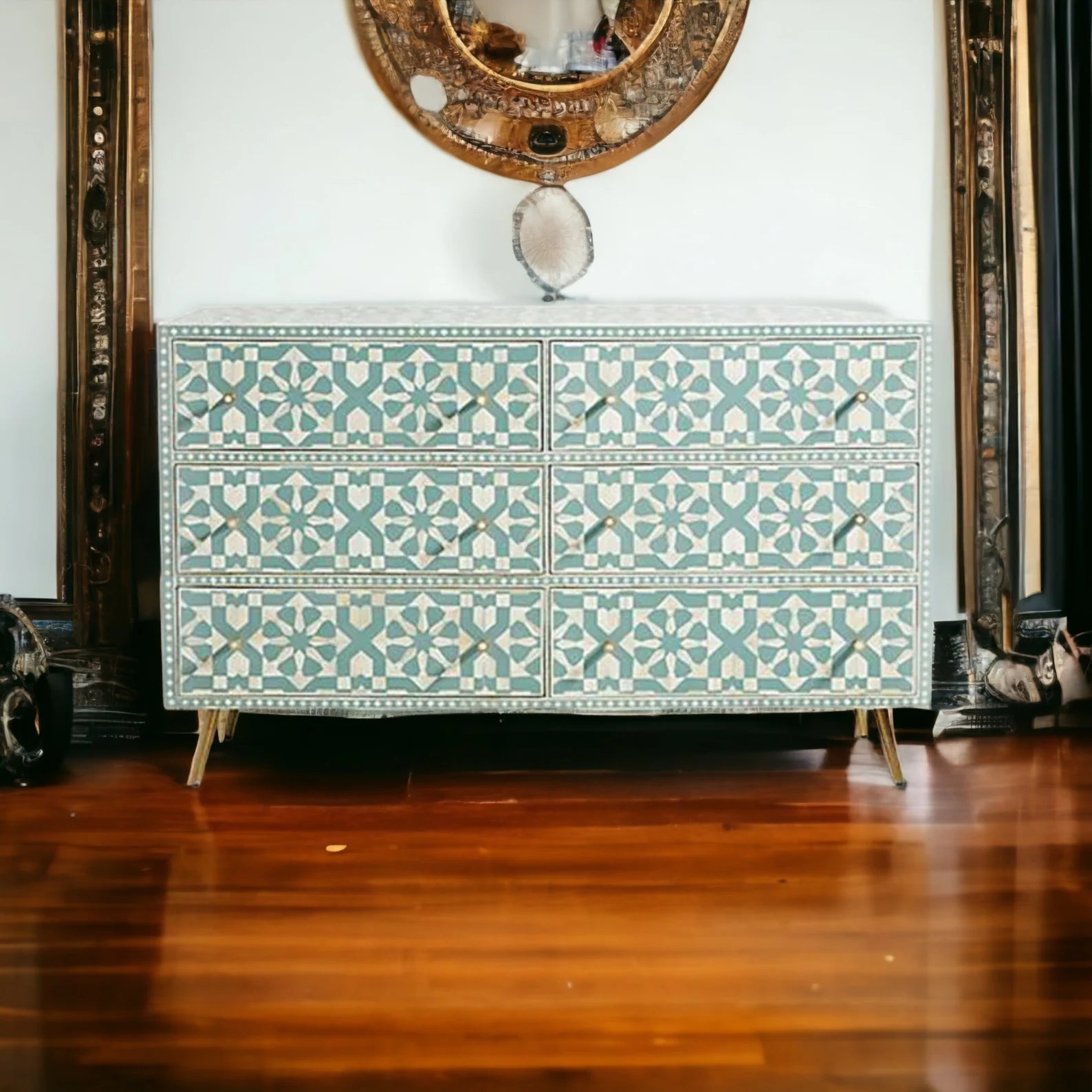 Bone Moroccan Inlay 6 Drawers Chest of Drawers, Bone Inlay Drawers Dresser, Bone Inlay Chest of Drawers, Bone Inlay Furniture Sideboard Unit