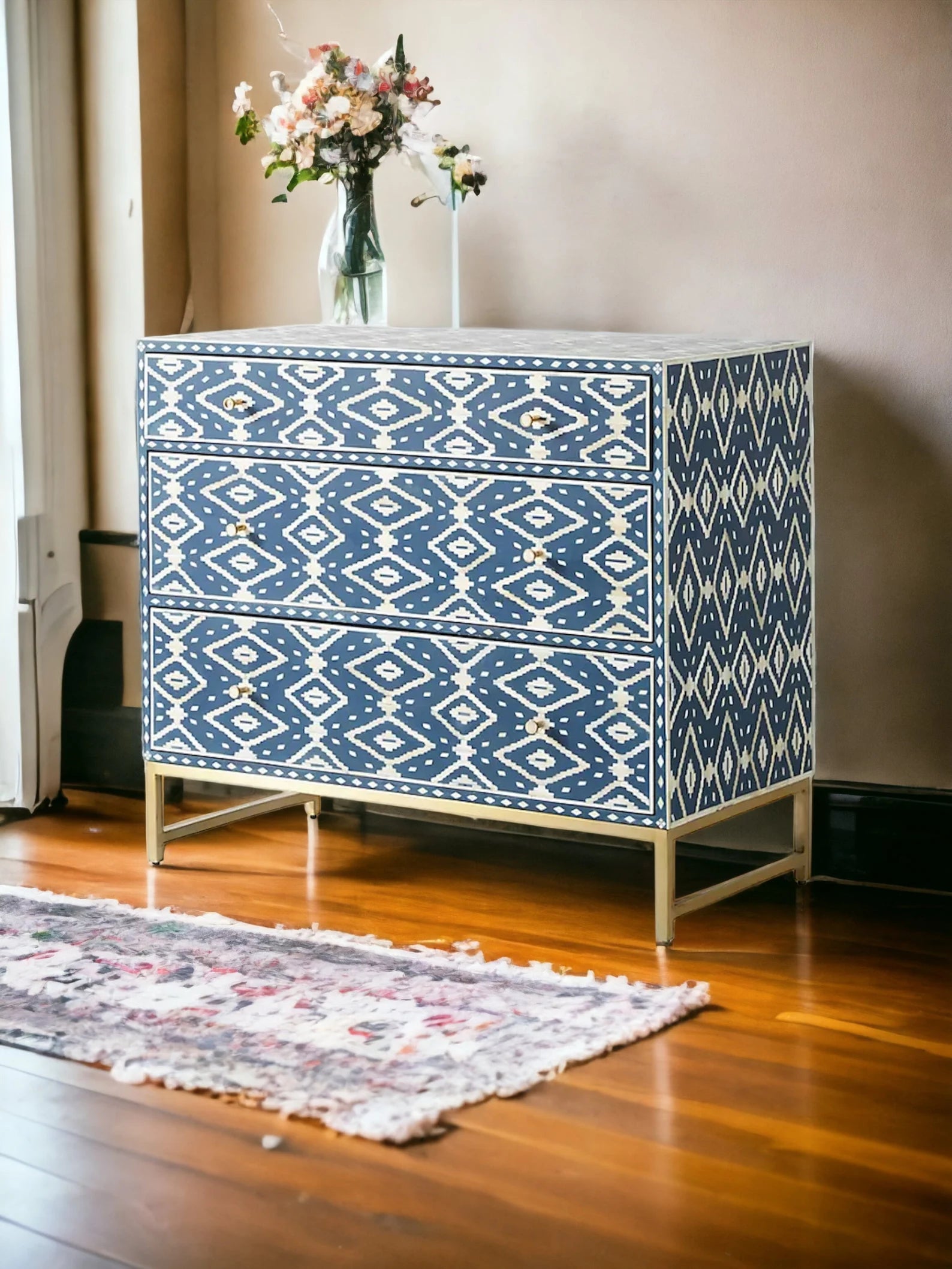 Bone Ikat Inlay 3 Drawers Chest of Drawers, Bone Inlay Drawers Dresser, Bone Inlay Chest of Drawers, Bone Inlay Furniture Sideboard Unit