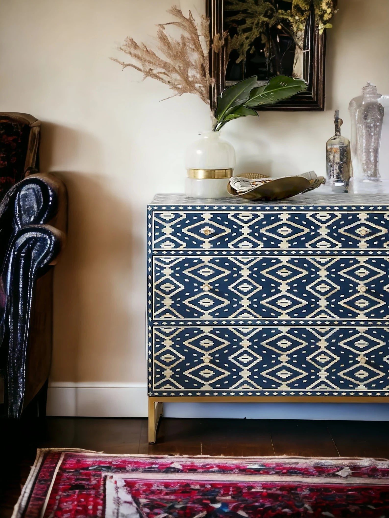 Bone Ikat Inlay 3 Drawers Chest of Drawers, Bone Inlay Drawers Dresser, Bone Inlay Chest of Drawers, Bone Inlay Furniture Sideboard Unit