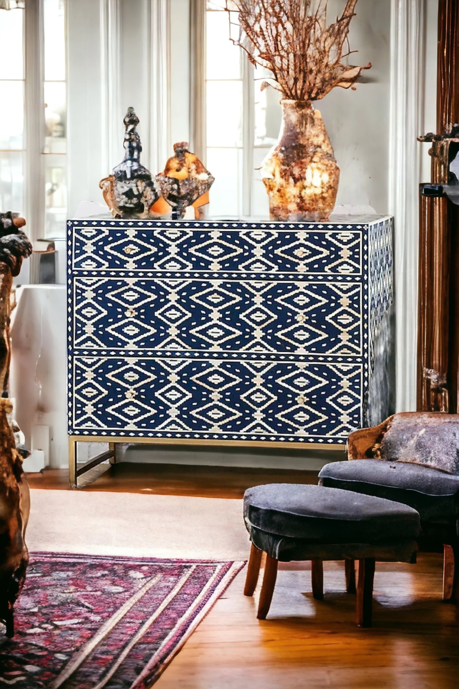 Bone Ikat Inlay 3 Drawers Chest of Drawers, Bone Inlay Drawers Dresser, Bone Inlay Chest of Drawers, Bone Inlay Furniture Sideboard Unit