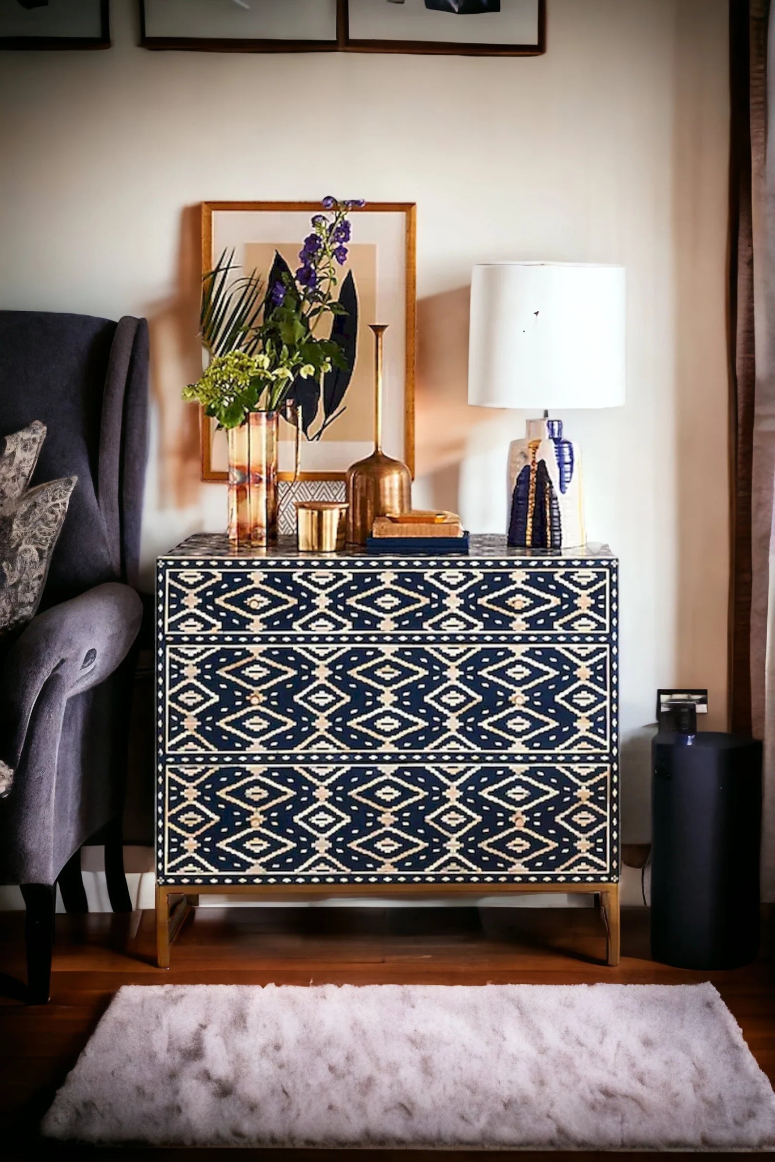 Bone Ikat Inlay 3 Drawers Chest of Drawers, Bone Inlay Drawers Dresser, Bone Inlay Chest of Drawers, Bone Inlay Furniture Sideboard Unit