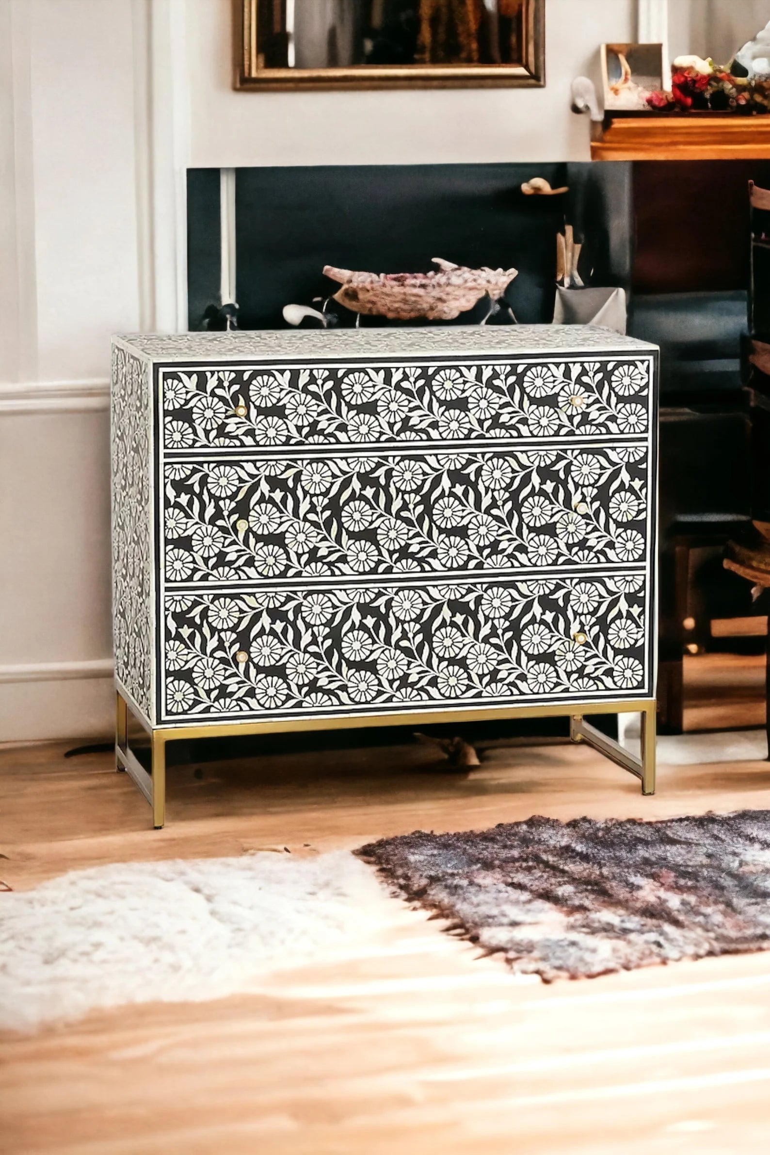 Bone Flora Inlay 3 Drawers Chest of Drawers, Bone Inlay Drawers Dresser, Bone Inlay Chest of Drawers, Bone Inlay Furniture Sideboard Floral