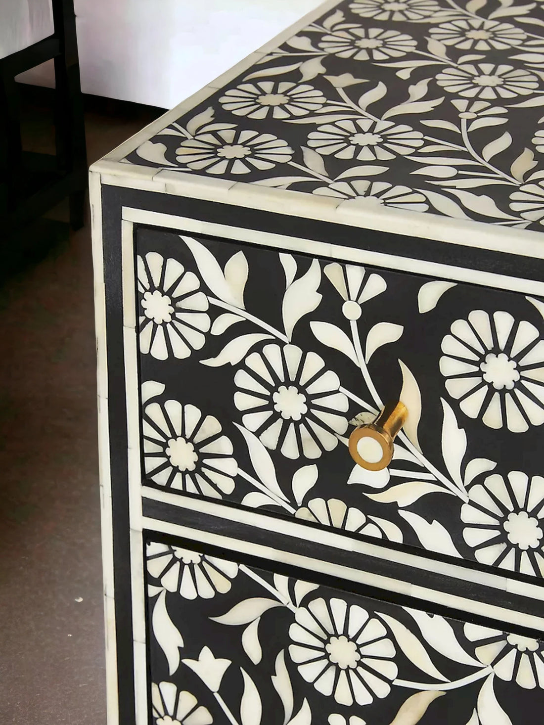 Bone Flora Inlay 3 Drawers Chest of Drawers, Bone Inlay Drawers Dresser, Bone Inlay Chest of Drawers, Bone Inlay Furniture Sideboard Floral