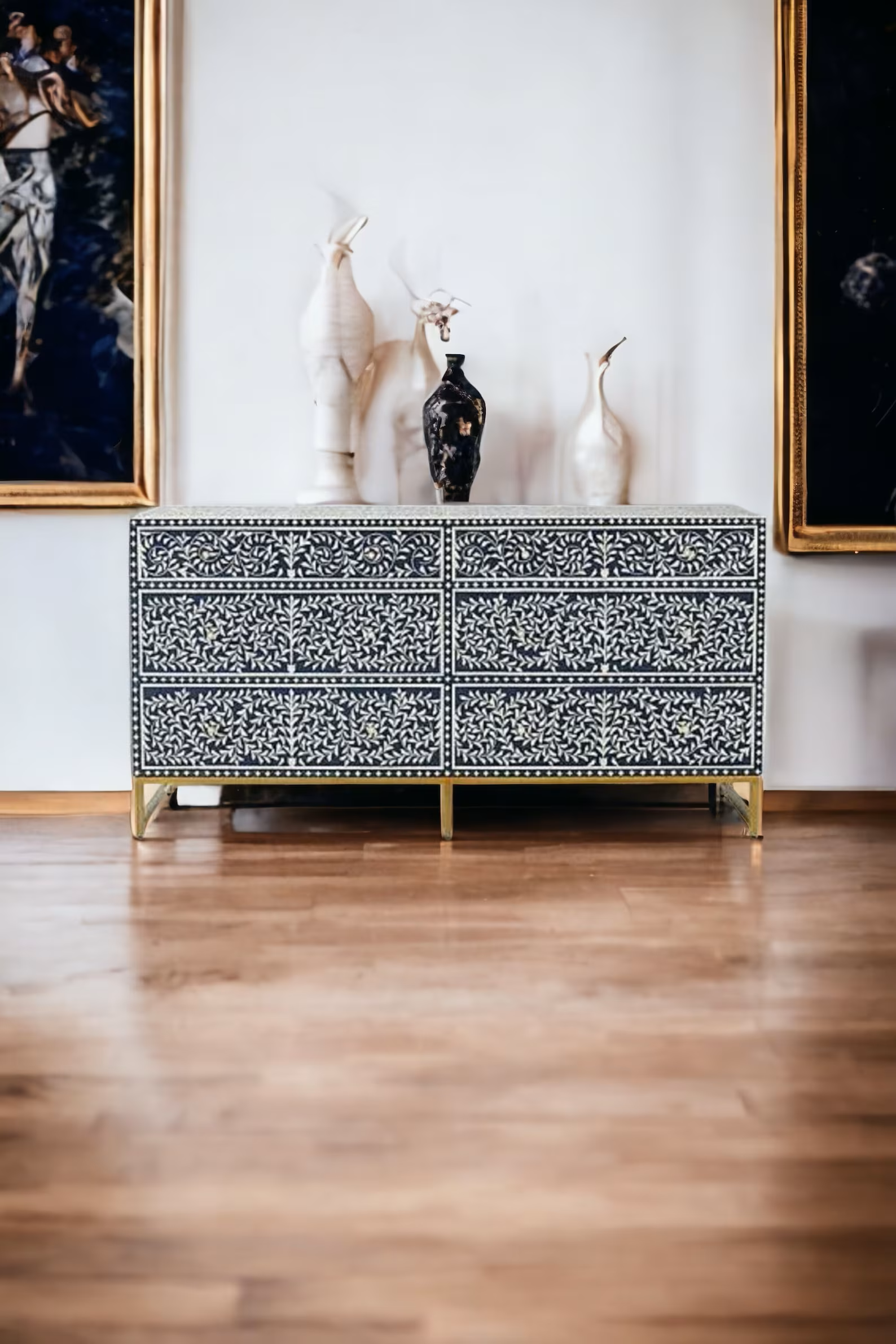 Bone Floral Inlay 6 Drawers Chest of Drawers, Bone Inlay Drawers Dresser, Bone Inlay Chest of Drawers, Bone Inlay Furniture Sideboard Floral