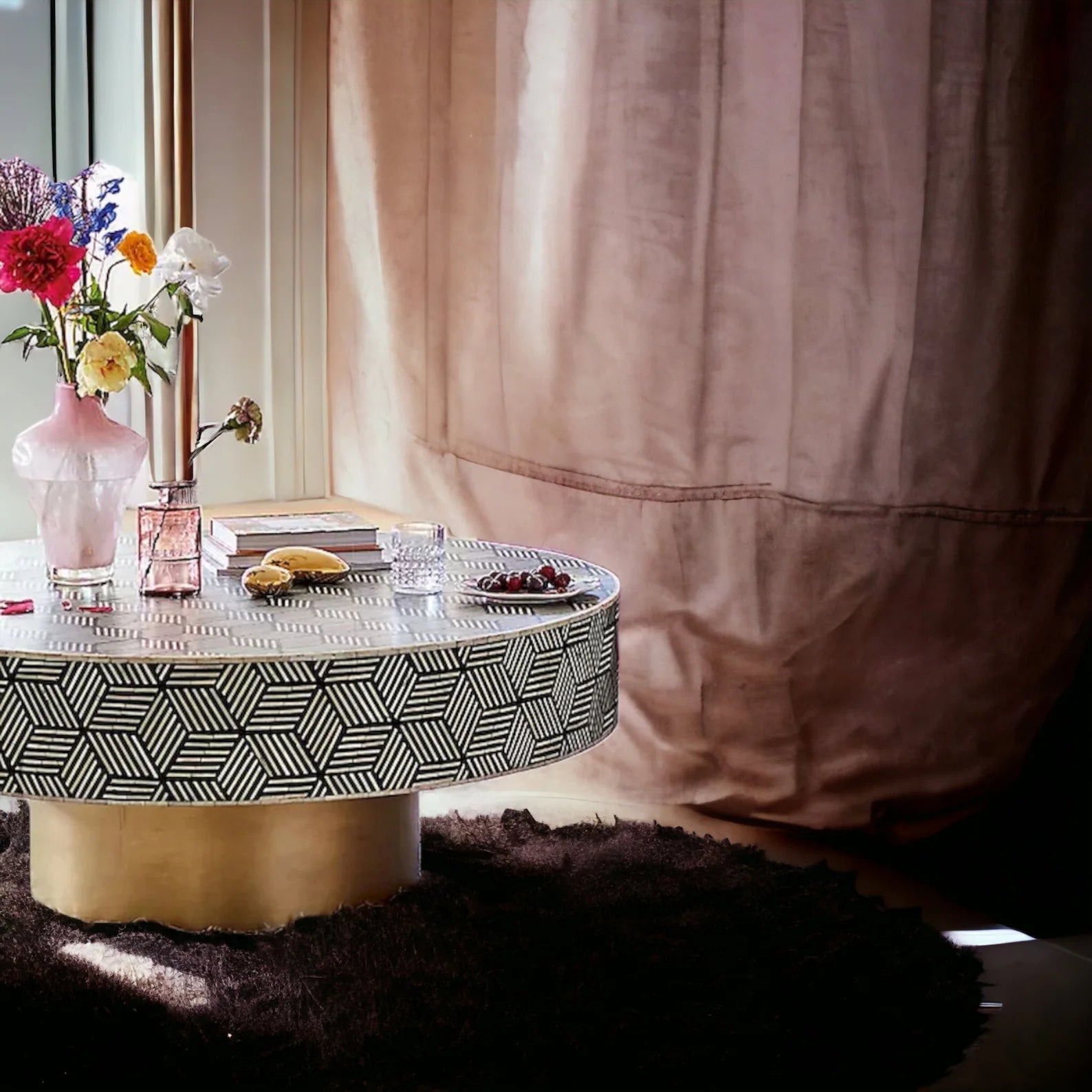 Handmade Bone Inlay Coffee Table, Camel Bone Inlay Table, Bone Inlay Stripes Coffee Table, Bone Inlay Center Table, Bone Inlay Furniture