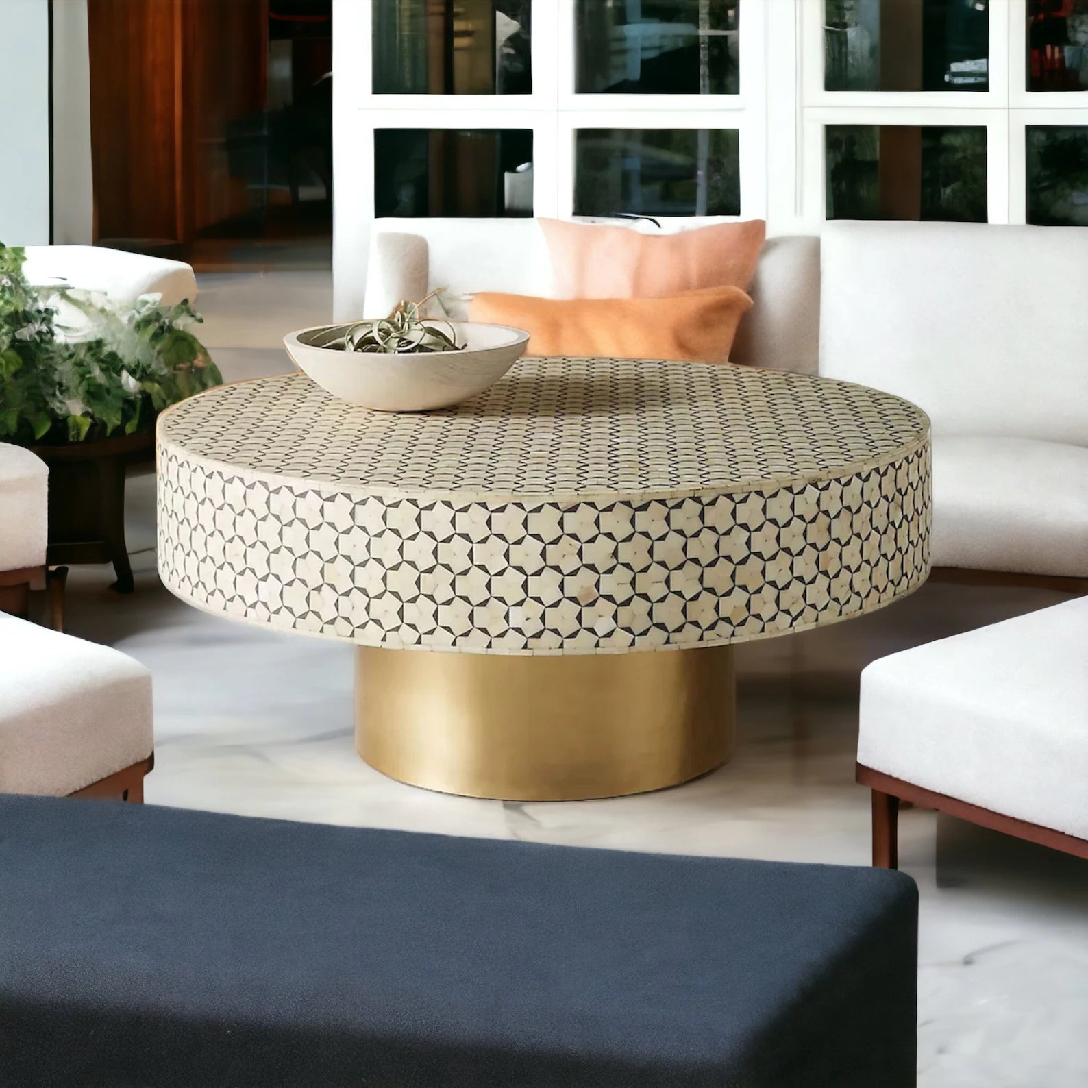 Targua Handmade Bone Inlay Coffee Table, Camel Bone Inlay Table, Bone Inlay Geometric Table, Bone Inlay Center Table, Bone Inlay Furniture