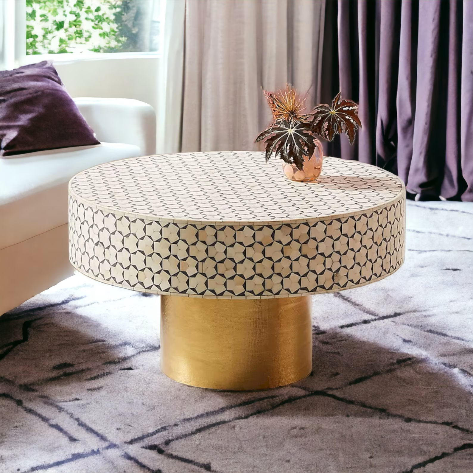 Targua Handmade Bone Inlay Coffee Table, Camel Bone Inlay Table, Bone Inlay Geometric Table, Bone Inlay Center Table, Bone Inlay Furniture