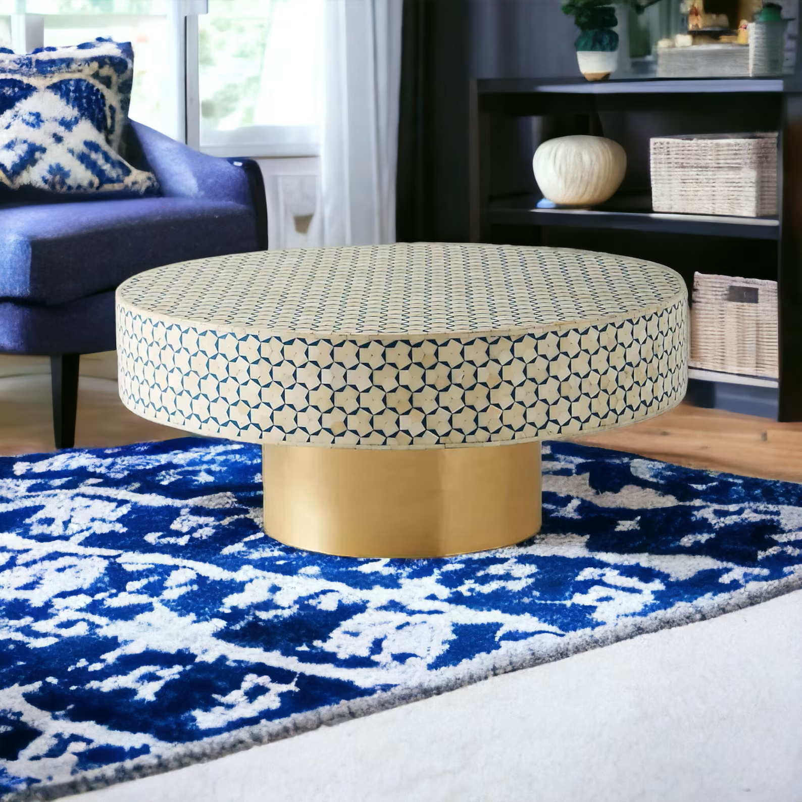 Handmade Targua Bone Inlay Coffee Table, Camel Bone Inlay Table, Bone Inlay Geometric Table, Bone Inlay Center Table, Bone Inlay Furniture