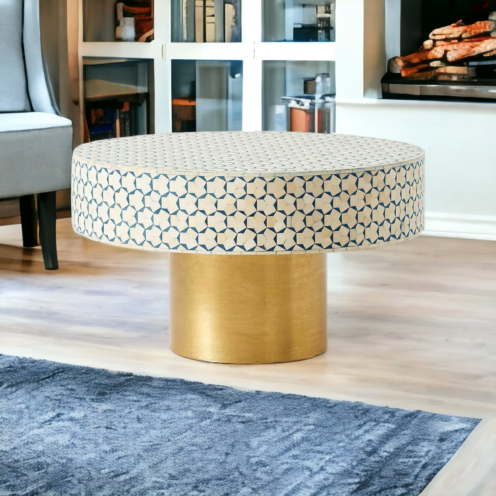 Handmade Targua Bone Inlay Coffee Table, Camel Bone Inlay Table, Bone Inlay Geometric Table, Bone Inlay Center Table, Bone Inlay Furniture