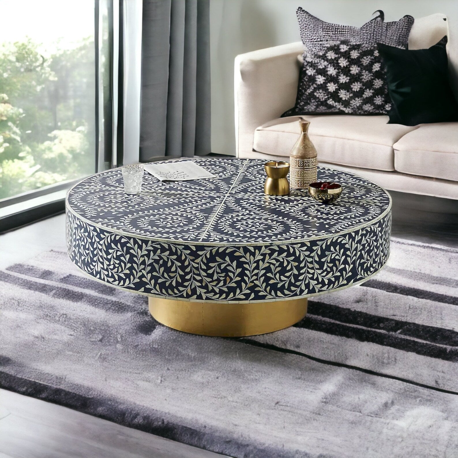 Handmade Bone Inlay Coffee Table, Camel Bone Inlay Table, Bone Inlay Floral Coffee Table, Bone Inlay Center Table, Bone Inlay Furniture