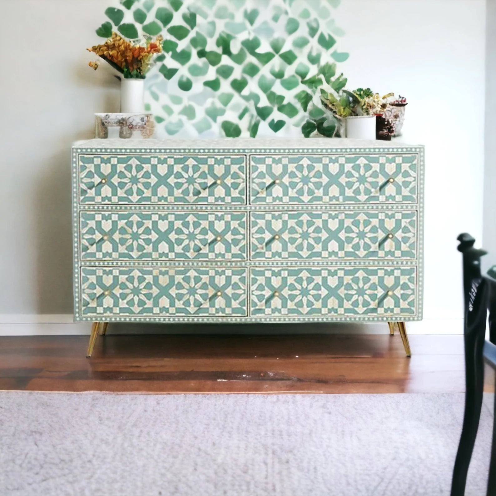 Bone Moroccan Inlay 6 Drawers Chest of Drawers, Bone Inlay Drawers Dresser, Bone Inlay Chest of Drawers, Bone Inlay Furniture Sideboard Unit