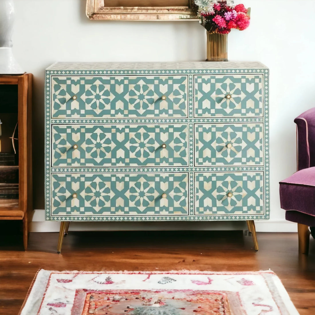 Bone Moroccan Inlay 6 Drawers Chest of Drawers, Bone Inlay Drawers Dresser, Bone Inlay Chest of Drawers, Bone Inlay Furniture Sideboard Unit