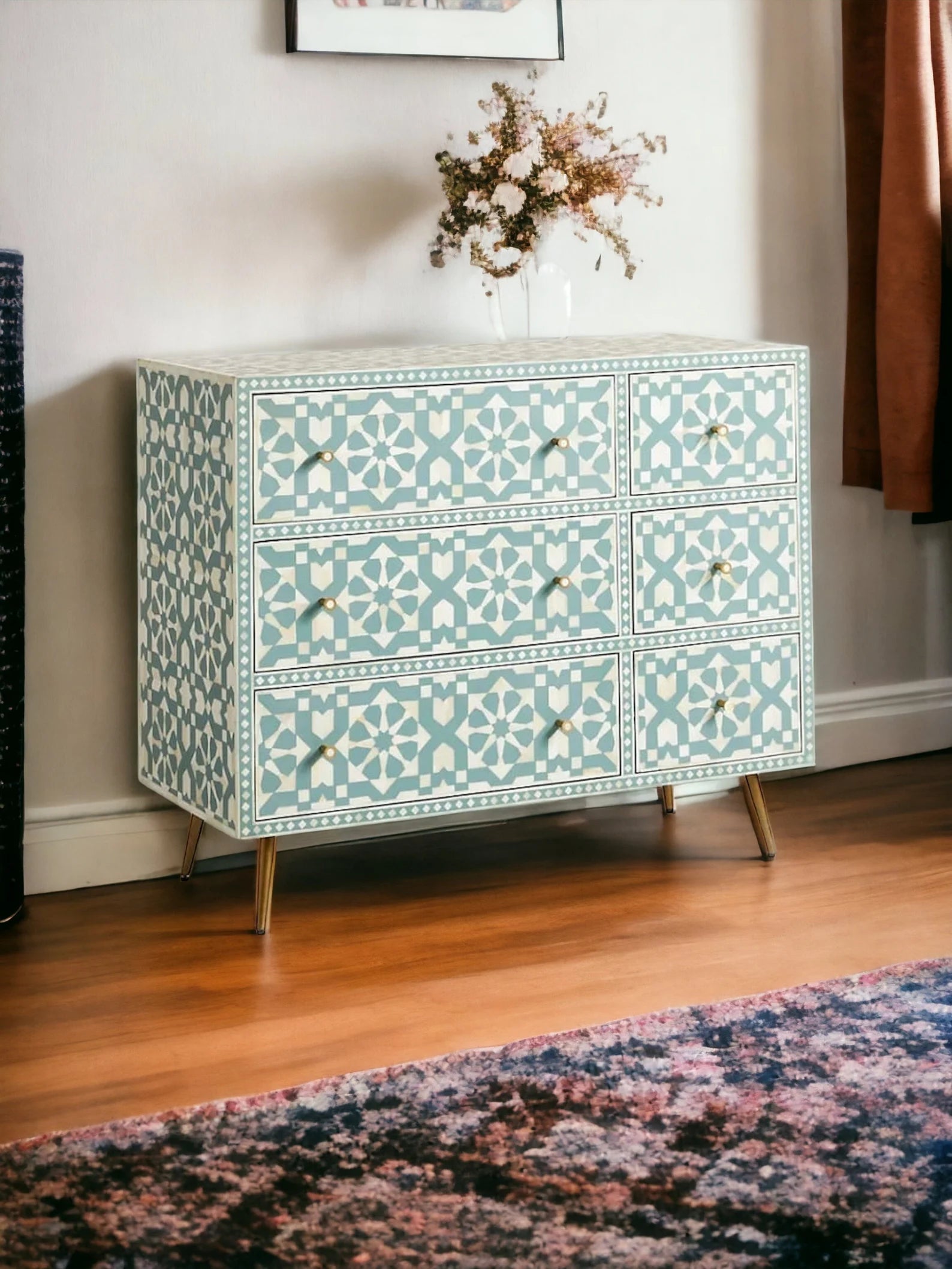 Bone Moroccan Inlay 6 Drawers Chest of Drawers, Bone Inlay Drawers Dresser, Bone Inlay Chest of Drawers, Bone Inlay Furniture Sideboard Unit