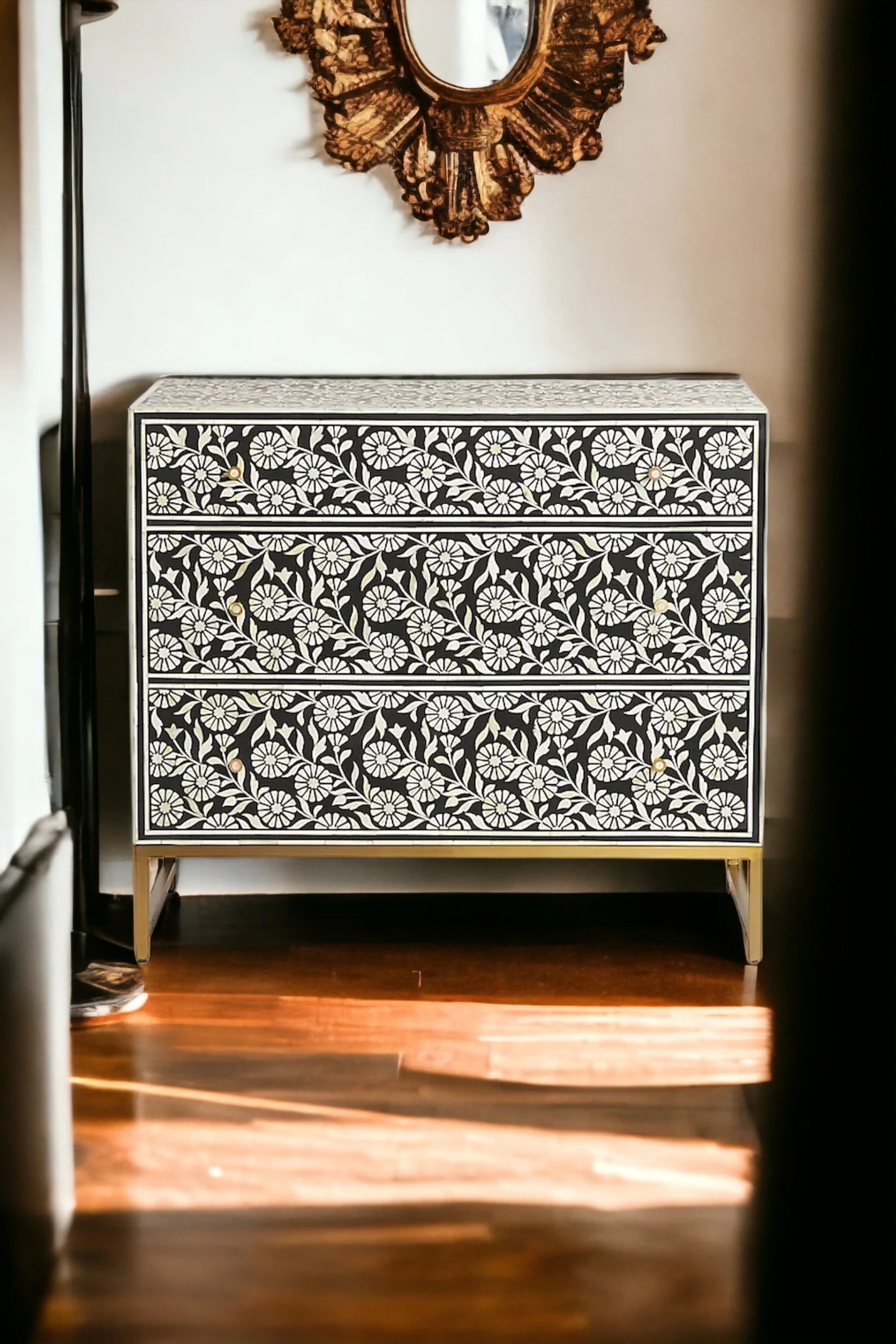 Bone Flora Inlay 3 Drawers Chest of Drawers, Bone Inlay Drawers Dresser, Bone Inlay Chest of Drawers, Bone Inlay Furniture Sideboard Floral