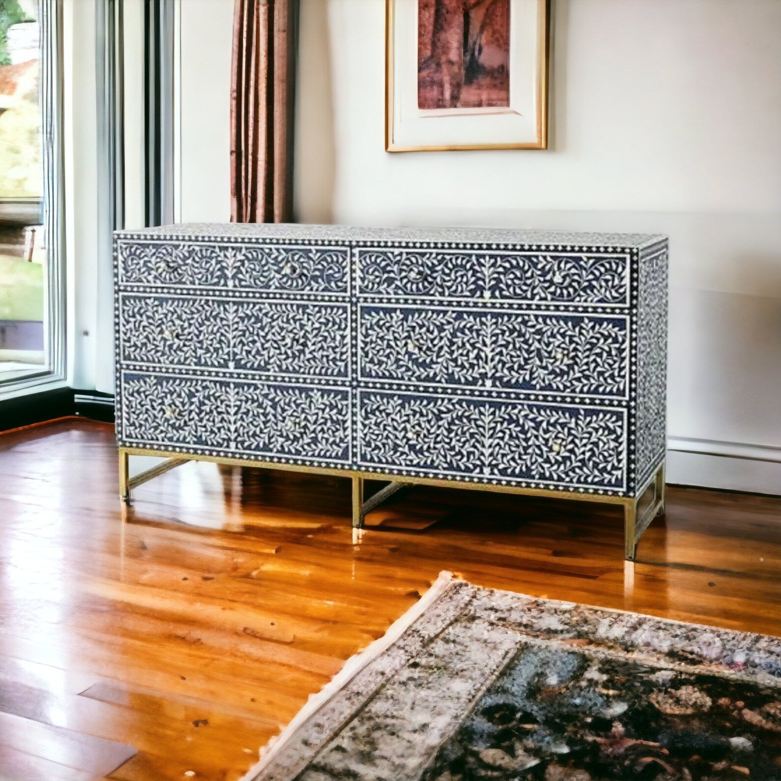 Bone Floral Inlay 6 Drawers Chest of Drawers, Bone Inlay Drawers Dresser, Bone Inlay Chest of Drawers, Bone Inlay Furniture Sideboard Floral