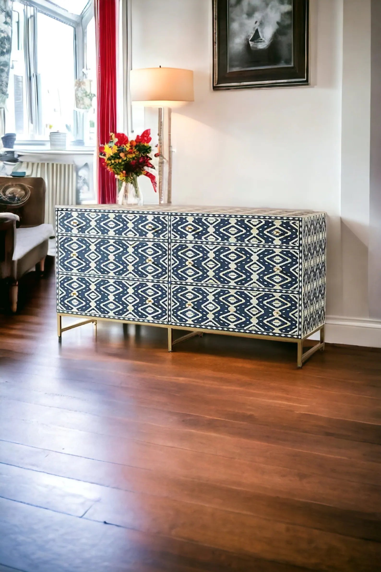 Bone Ikat Inlay 6 Drawers Chest of Drawers, Bone Inlay Drawers Dresser, Bone Inlay Chest of Drawers, Bone Inlay Furniture Sideboard Unit