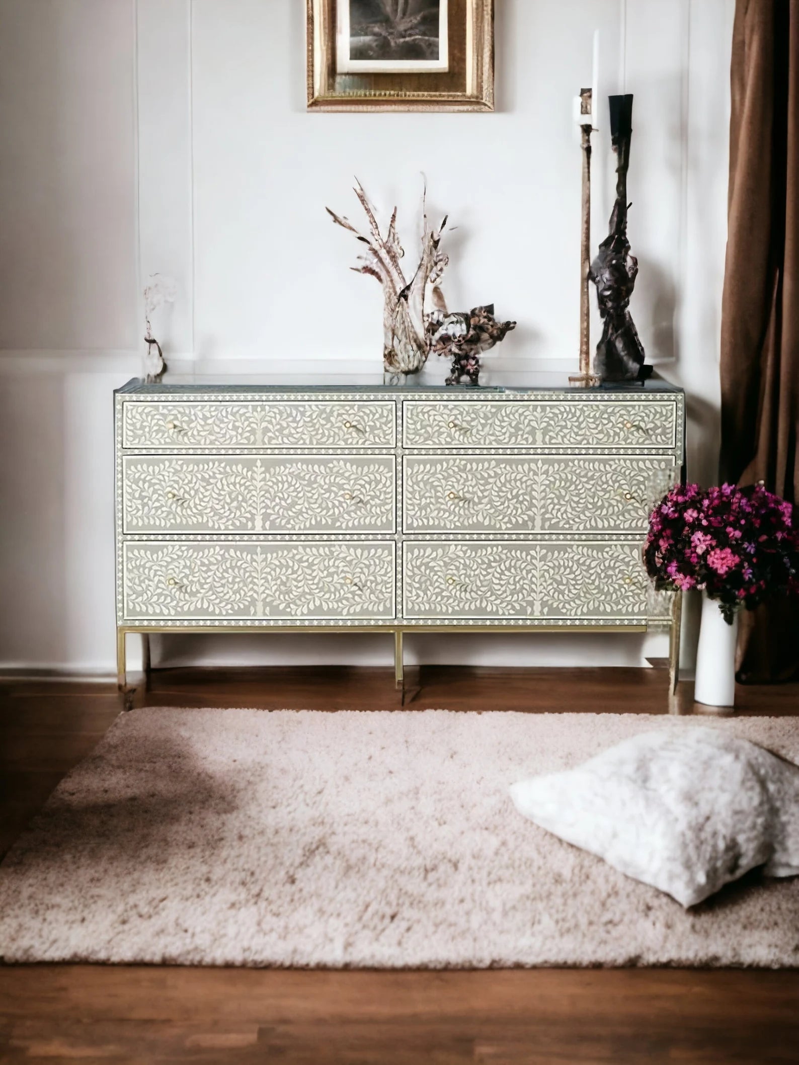 Bone Floral Inlay 6 Drawers Chest of Drawers, Bone Inlay Drawers Dresser, Bone Inlay Chest of Drawers, Bone Inlay Furniture Sideboard Floral