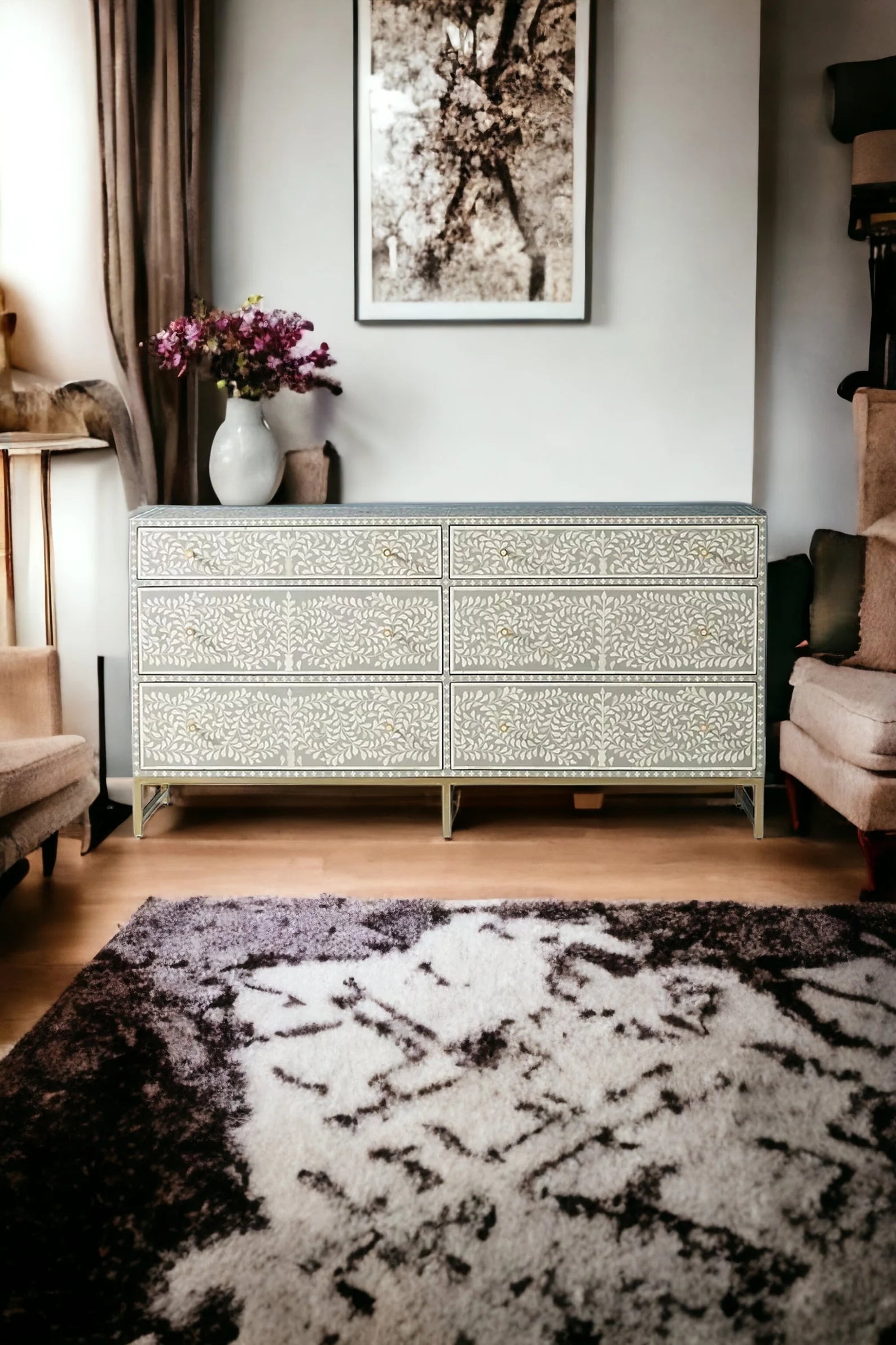 Bone Floral Inlay 6 Drawers Chest of Drawers, Bone Inlay Drawers Dresser, Bone Inlay Chest of Drawers, Bone Inlay Furniture Sideboard Floral