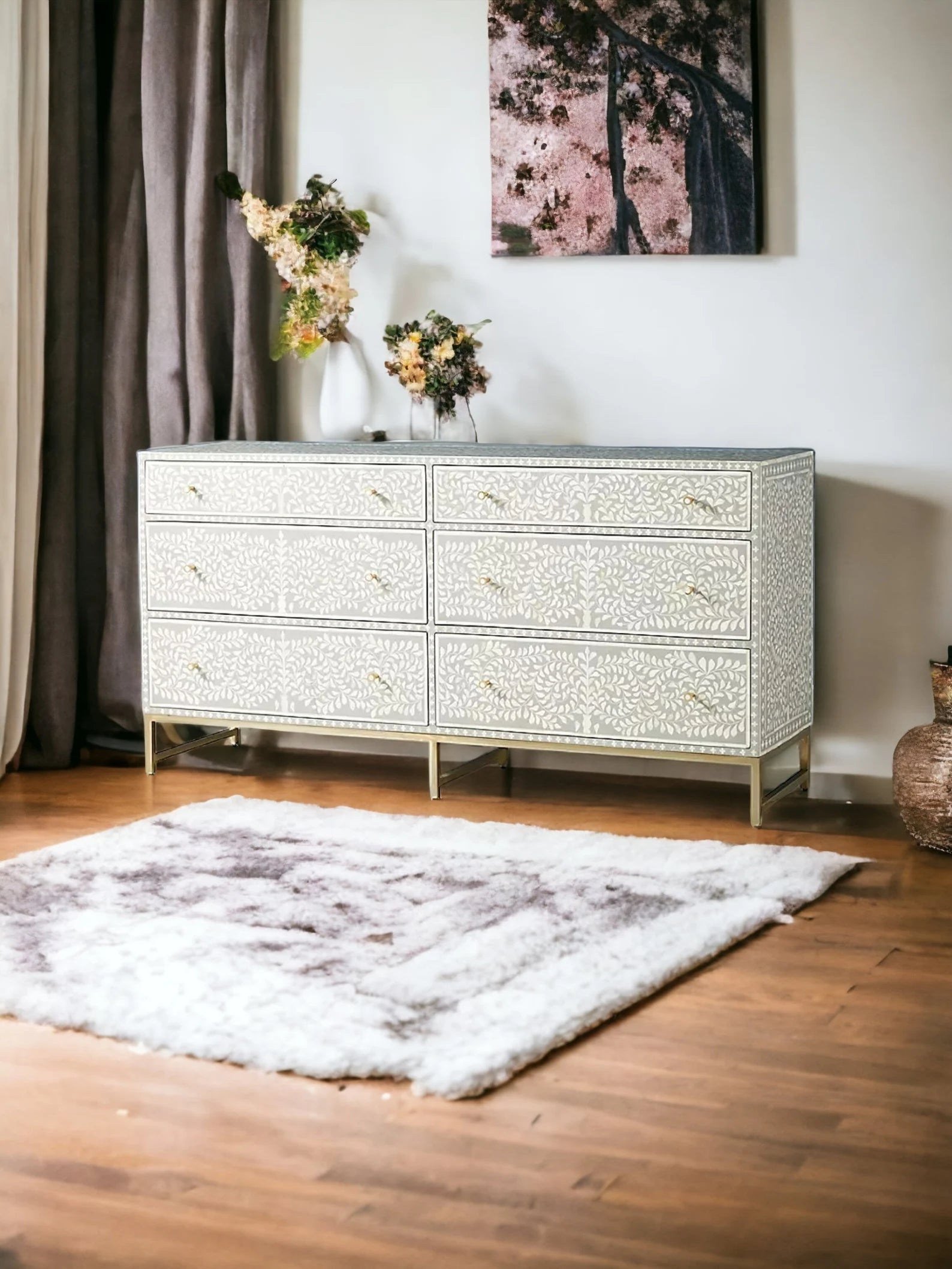 Bone Floral Inlay 6 Drawers Chest of Drawers, Bone Inlay Drawers Dresser, Bone Inlay Chest of Drawers, Bone Inlay Furniture Sideboard Floral