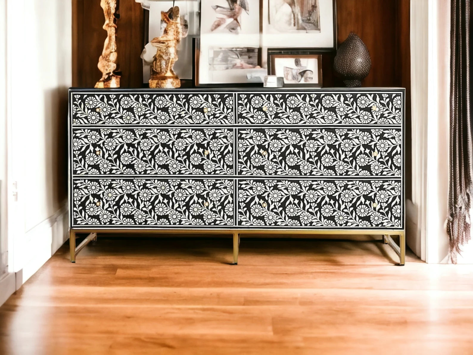 Bone Floral Inlay 6 Drawers Chest of Drawers, Bone Inlay Drawers Dresser, Bone Inlay Chest of Drawers, Bone Inlay Furniture Sideboard Floral
