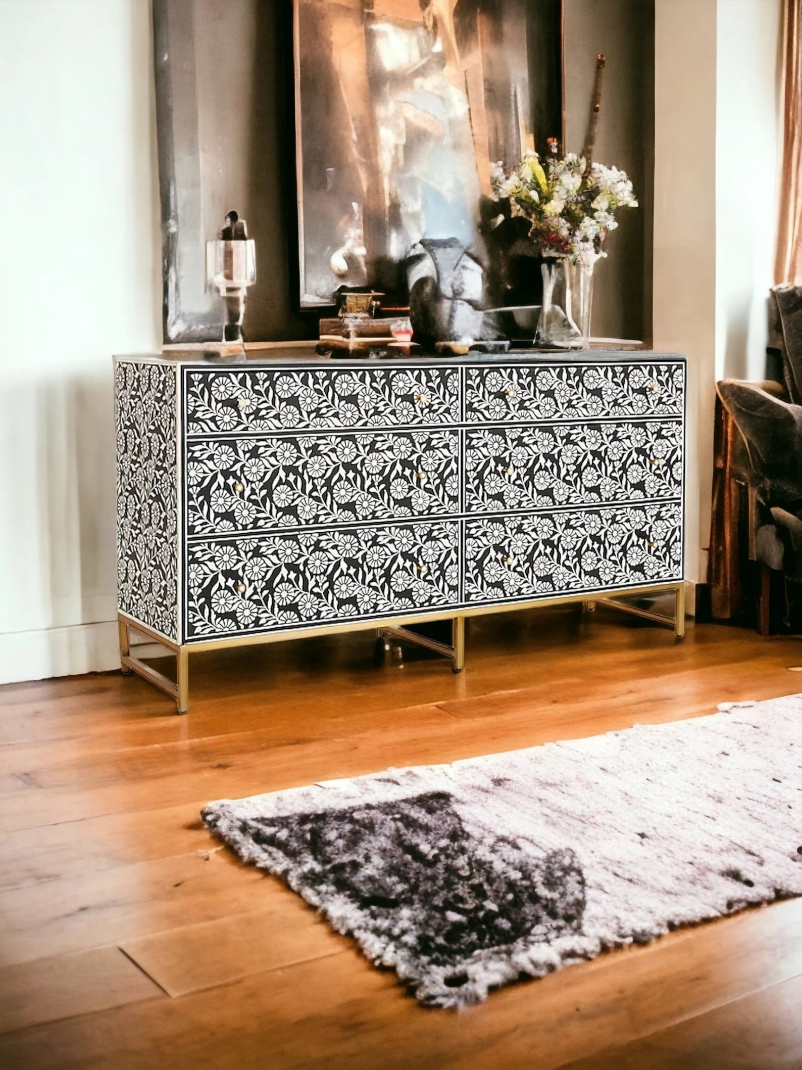 Bone Floral Inlay 6 Drawers Chest of Drawers, Bone Inlay Drawers Dresser, Bone Inlay Chest of Drawers, Bone Inlay Furniture Sideboard Floral