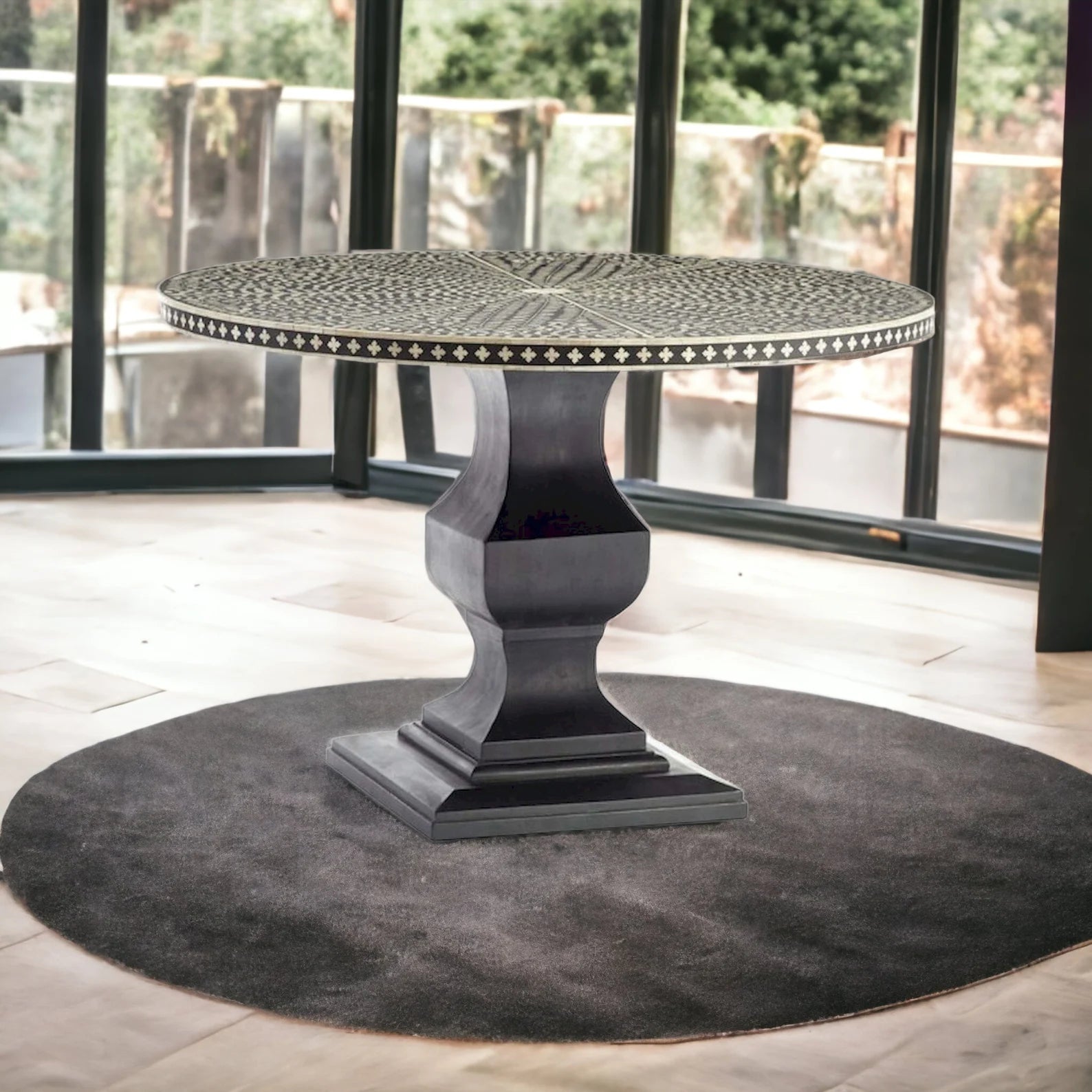 Handmade Bone Inlay Floral Design Dining Table, Bone Inlay Floral Round Dining, Bone Inlay Furniture, Bone Inlay Wooden Modern Dining Table