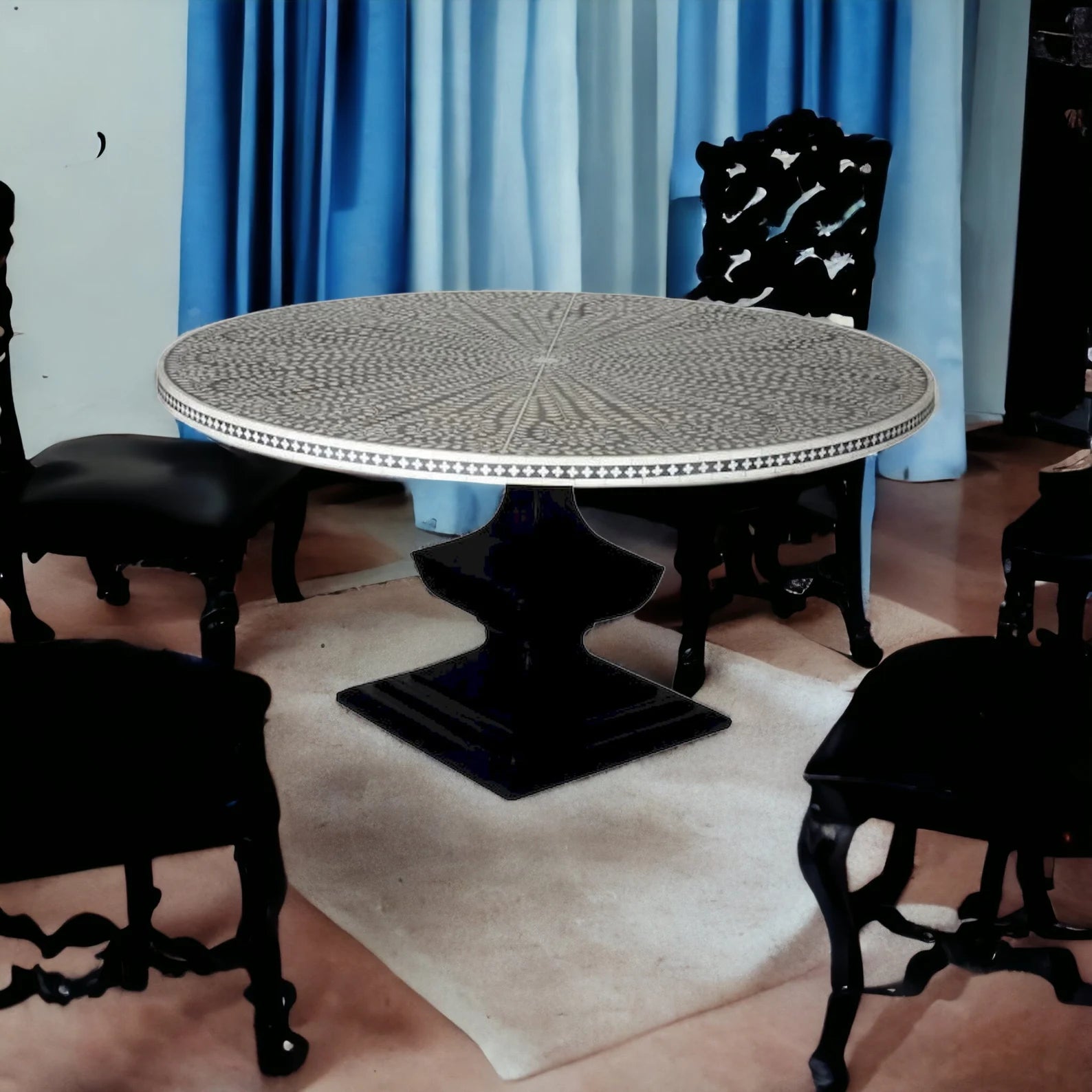 Handmade Bone Inlay Floral Design Dining Table, Bone Inlay Floral Round Dining, Bone Inlay Furniture, Bone Inlay Wooden Modern Dining Table