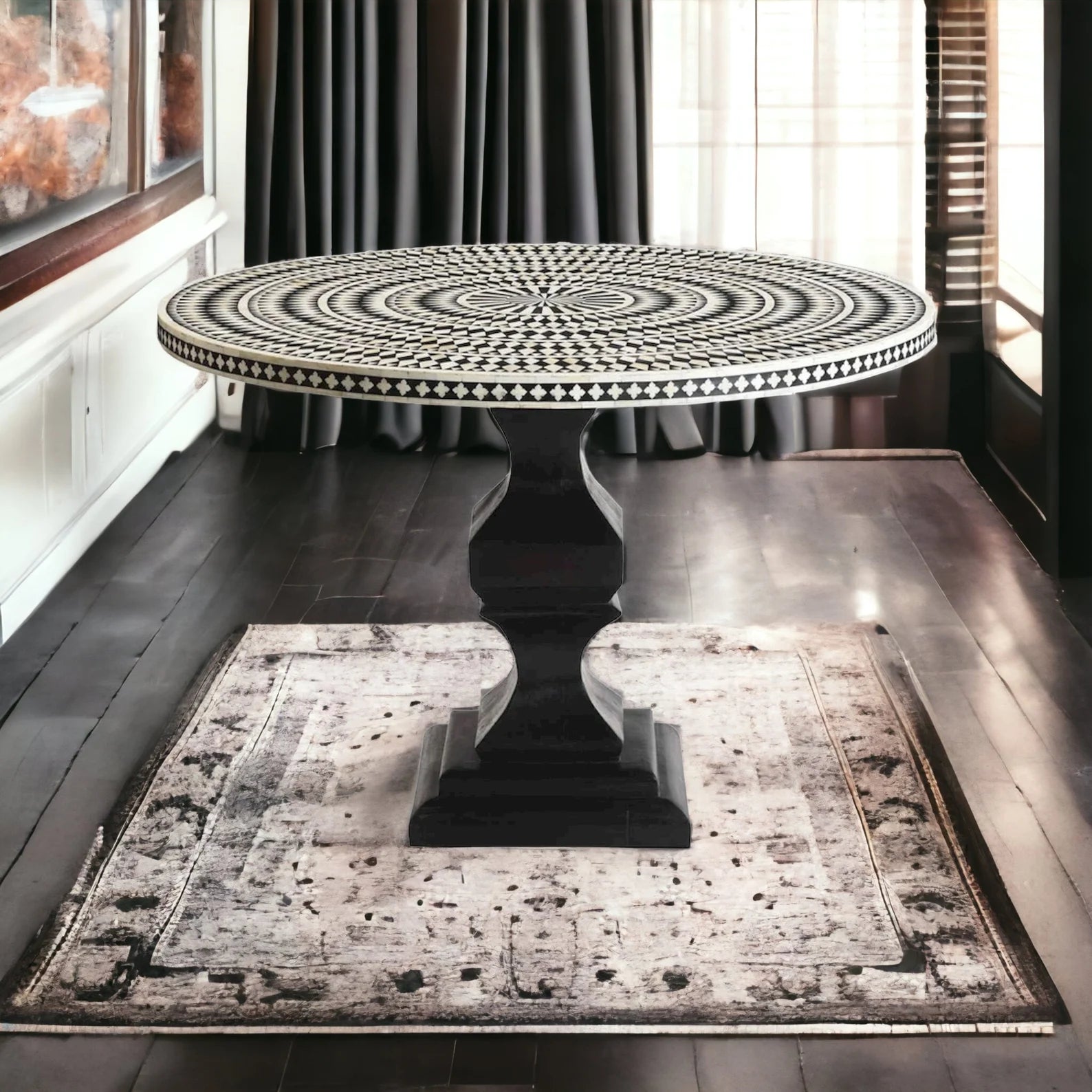 Bone Inlay Wooden Modern Dining Table, Handmade Bone Inlay Floral Design Dining Table, Bone Inlay Floral Round Dining, Bone Inlay Furniture