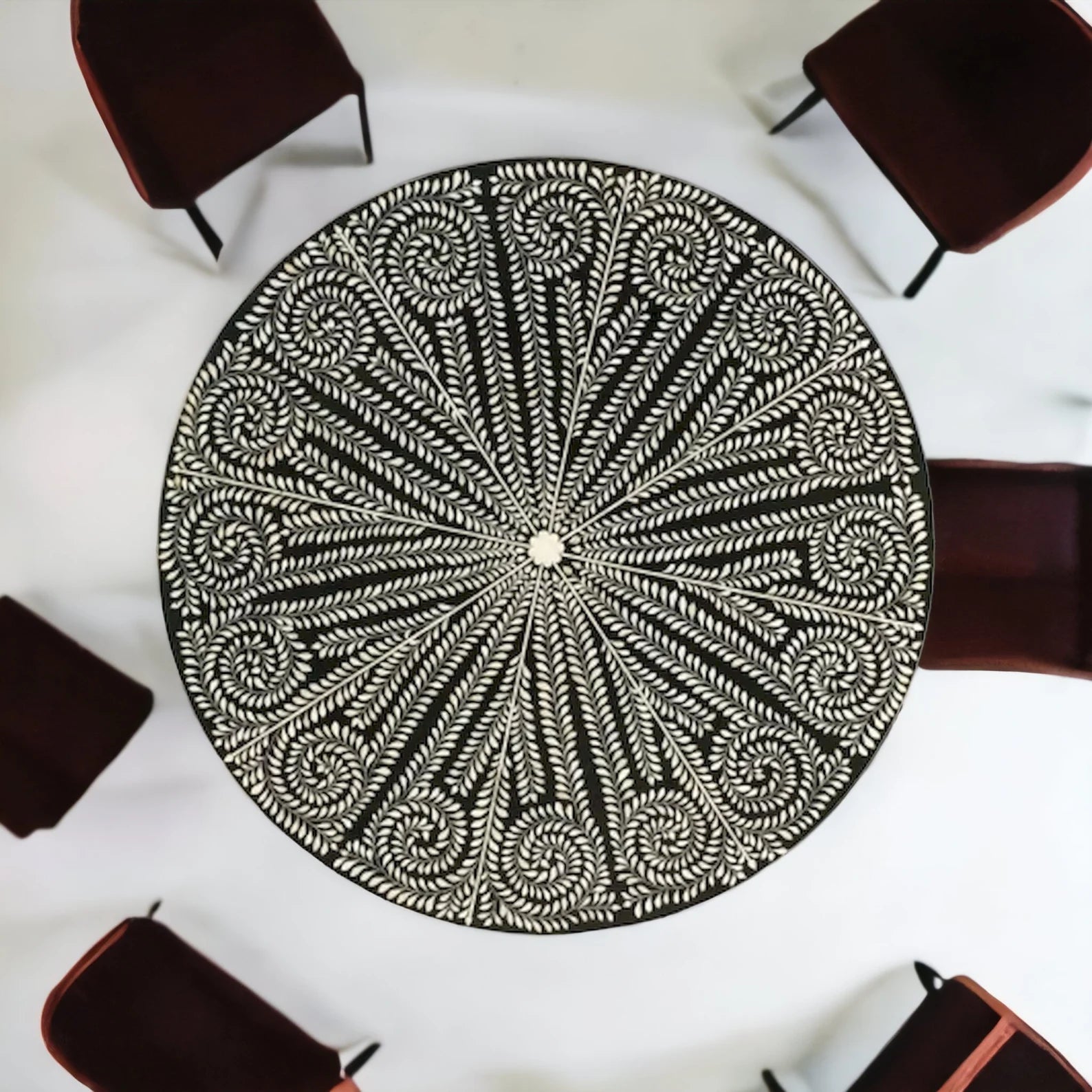 Handmade Bone Inlay Floral Design Dining Table, Bone Inlay Floral Round Dining, Bone Inlay Furniture, Bone Inlay Wooden Modern Dining Table