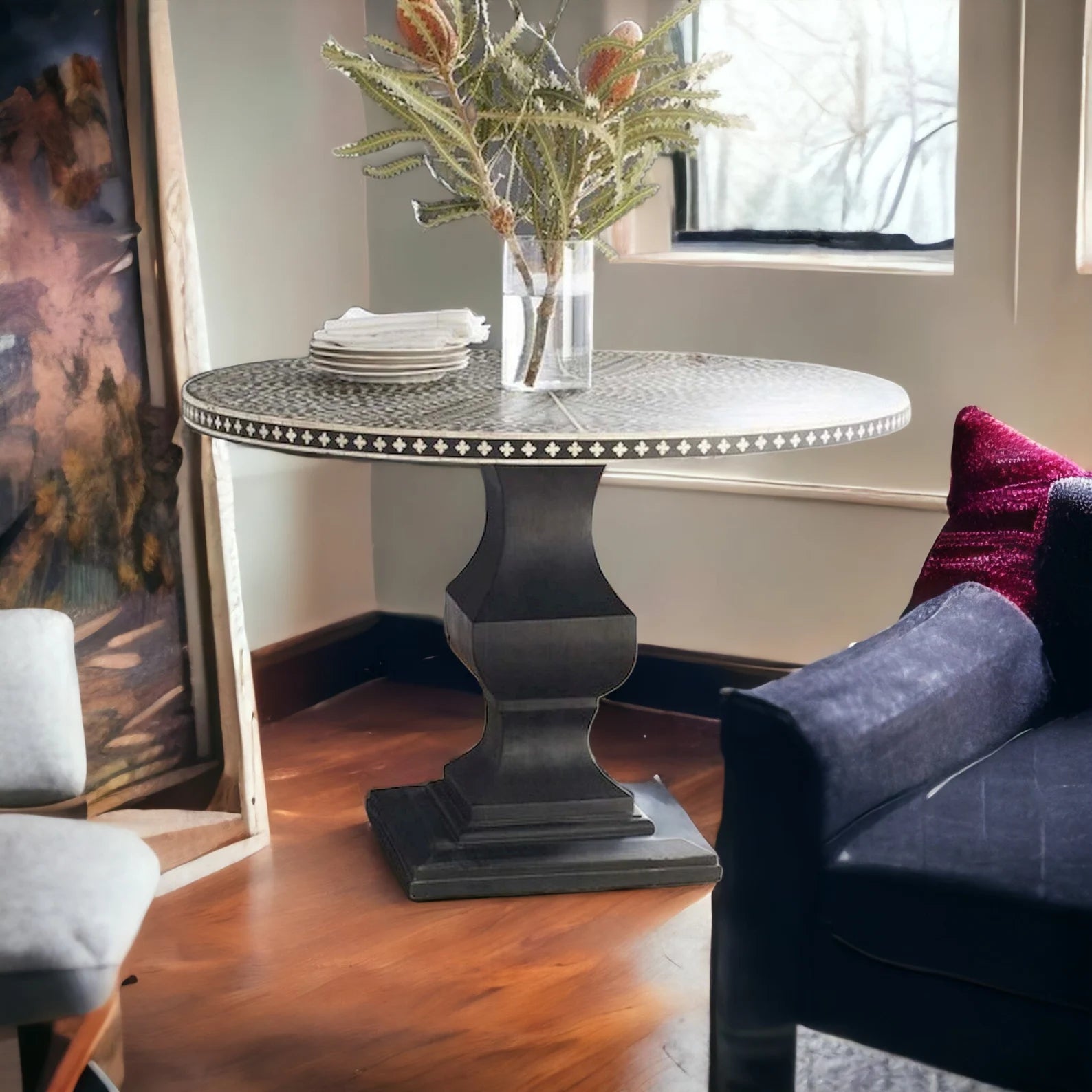 Handmade Bone Inlay Floral Design Dining Table, Bone Inlay Floral Round Dining, Bone Inlay Furniture, Bone Inlay Wooden Modern Dining Table