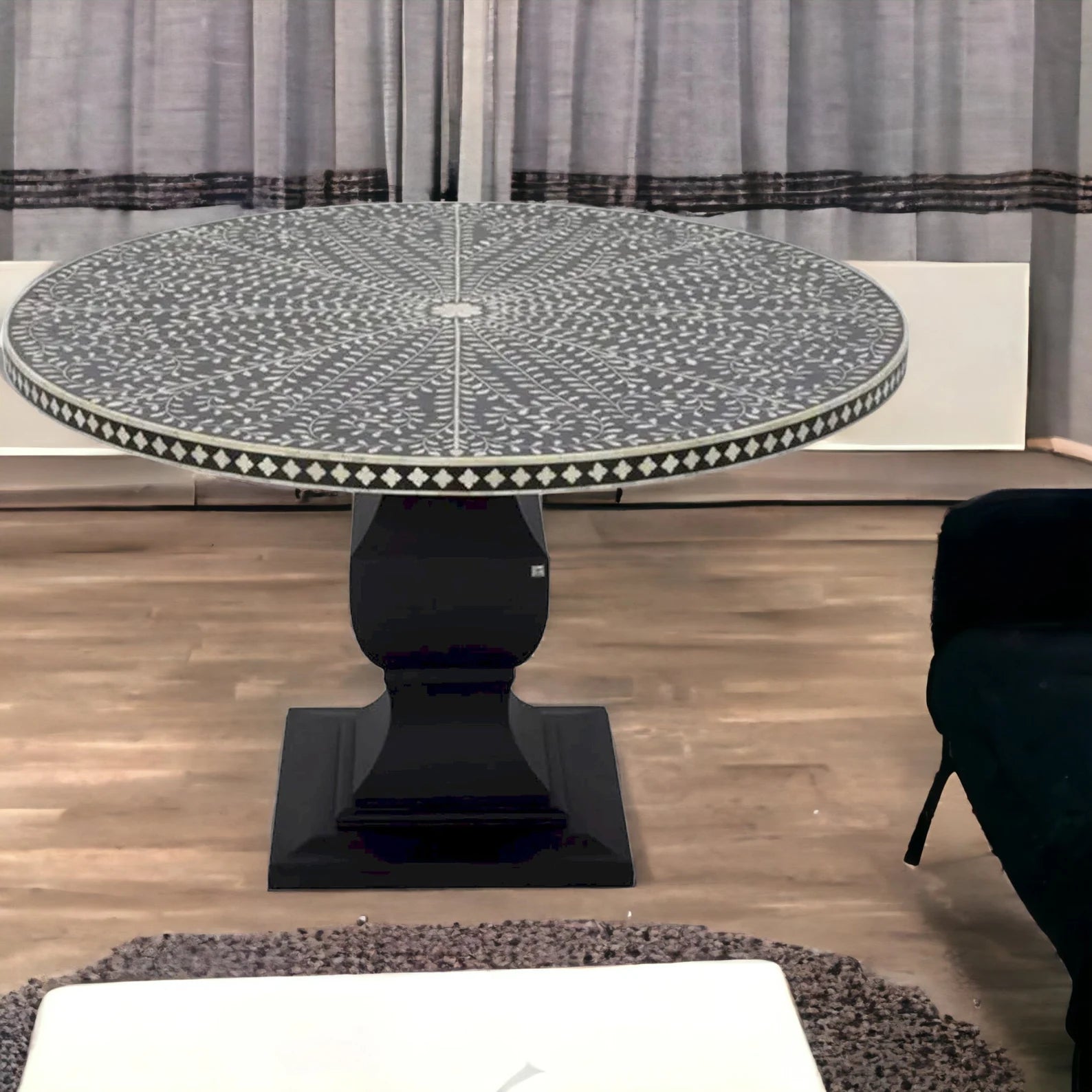 Handmade Bone Inlay Floral Design Dining Table, Bone Inlay Floral Round Dining, Bone Inlay Furniture, Bone Inlay Wooden Modern Dining Table