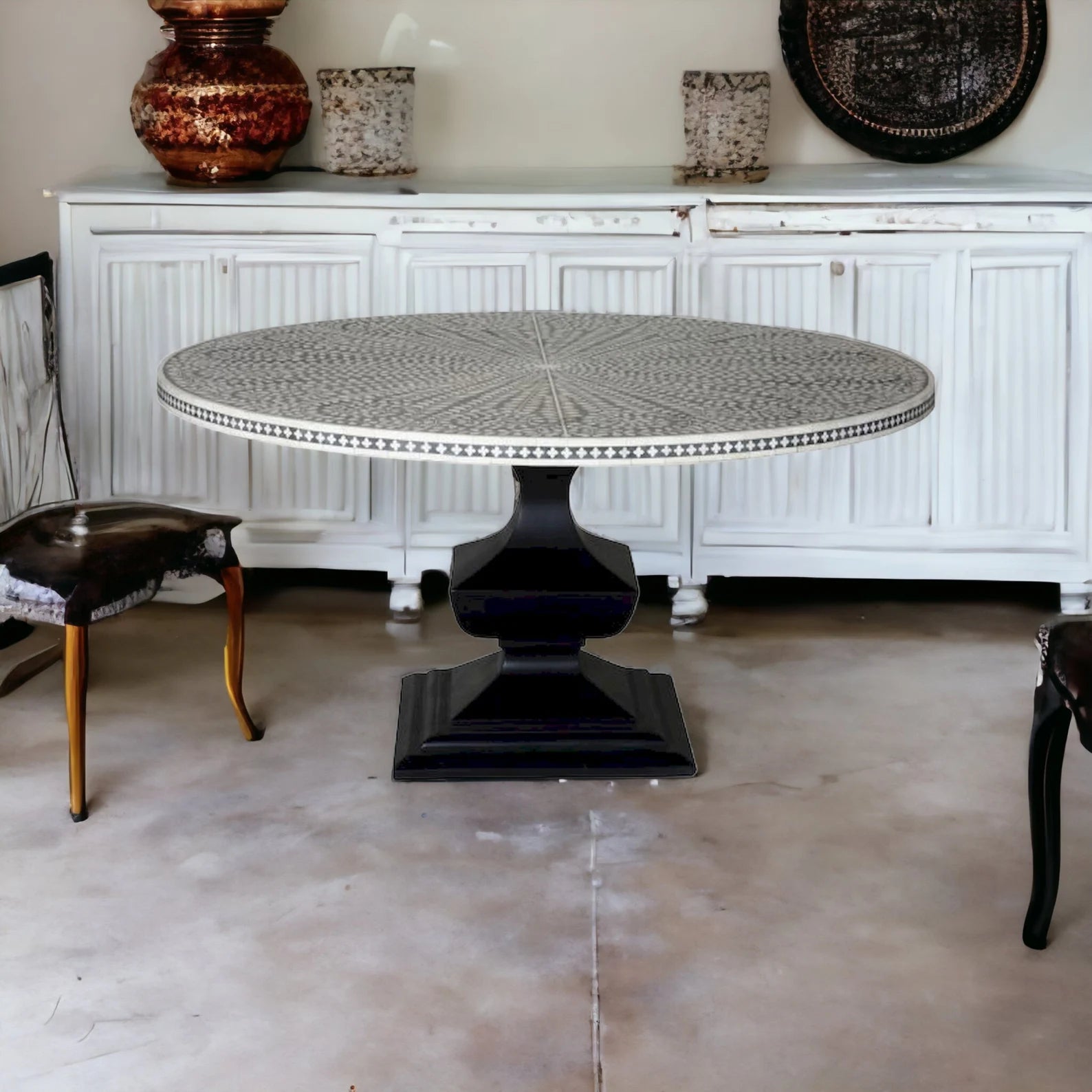 Handmade Bone Inlay Floral Design Dining Table, Bone Inlay Floral Round Dining, Bone Inlay Furniture, Bone Inlay Wooden Modern Dining Table