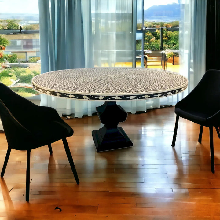 Handmade Bone Inlay Floral Design Dining Table, Bone Inlay Floral Round Dining, Bone Inlay Furniture, Bone Inlay Wooden Modern Dining Table