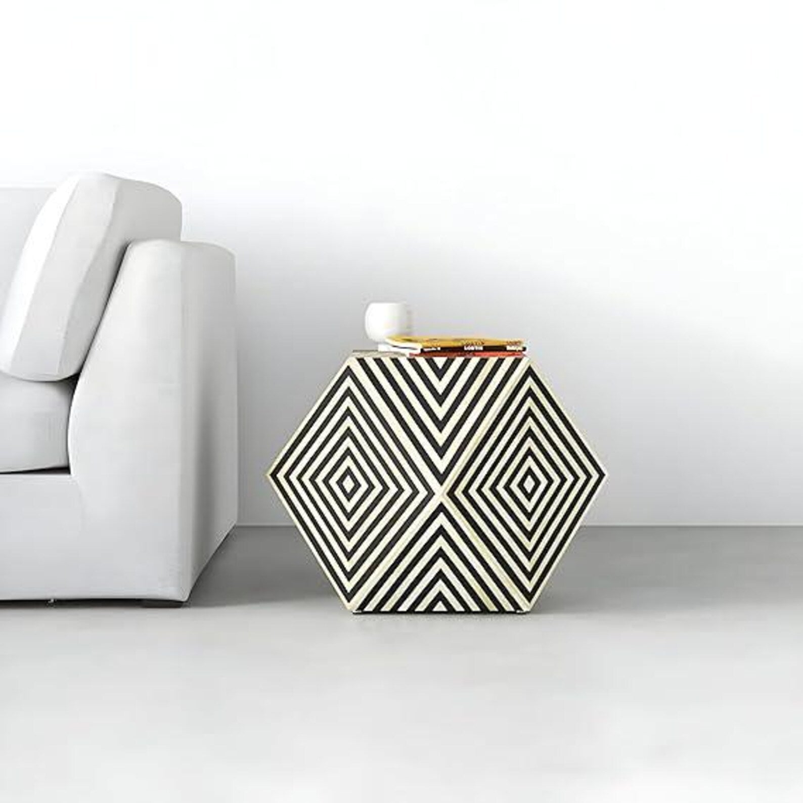 Hexagon Resin Inlay Side Table | Handmade Modern Accent Table | Black and White Geometric End Table | Unique Home Decor Furniture