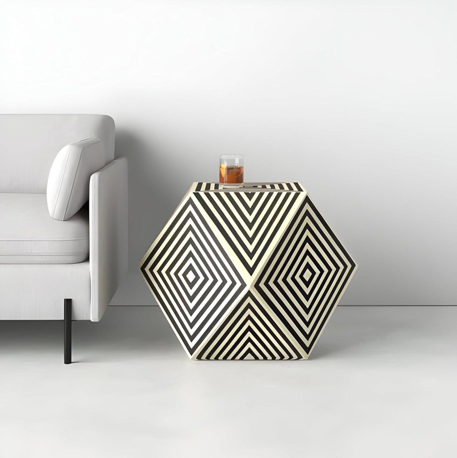 Hexagon Resin Inlay Side Table | Handmade Modern Accent Table | Black and White Geometric End Table | Unique Home Decor Furniture