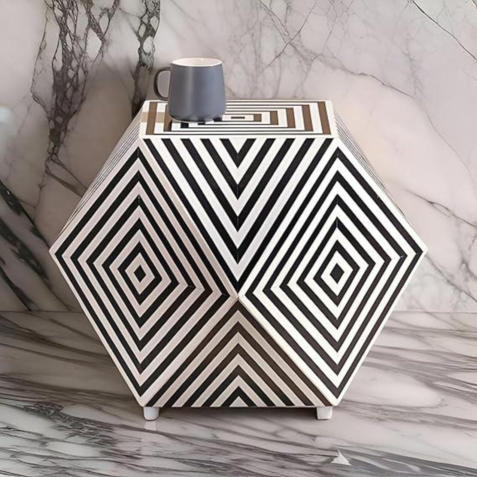 Hexagon Resin Inlay Side Table | Handmade Modern Accent Table | Black and White Geometric End Table | Unique Home Decor Furniture