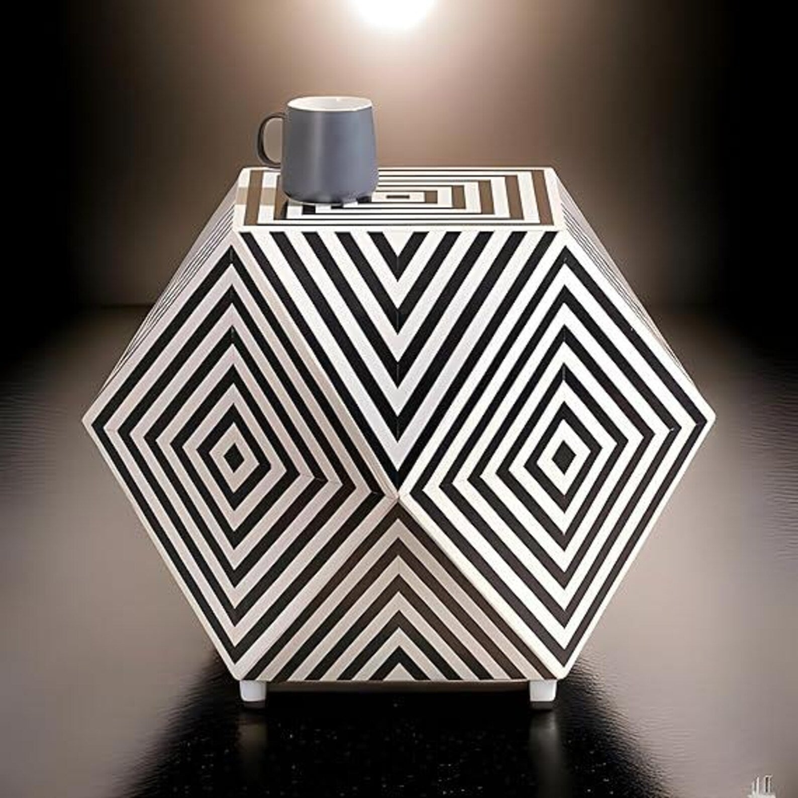 Hexagon Resin Inlay Side Table | Handmade Modern Accent Table | Black and White Geometric End Table | Unique Home Decor Furniture