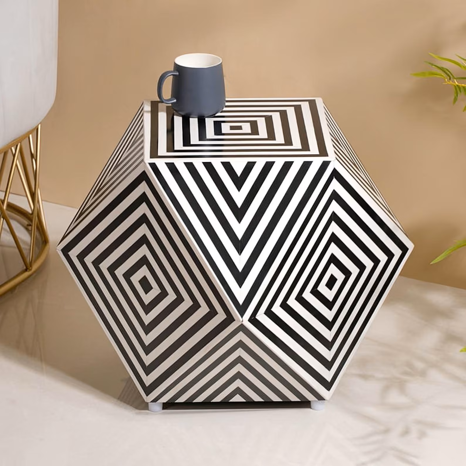 Hexagon Resin Inlay Side Table | Handmade Modern Accent Table | Black and White Geometric End Table | Unique Home Decor Furniture