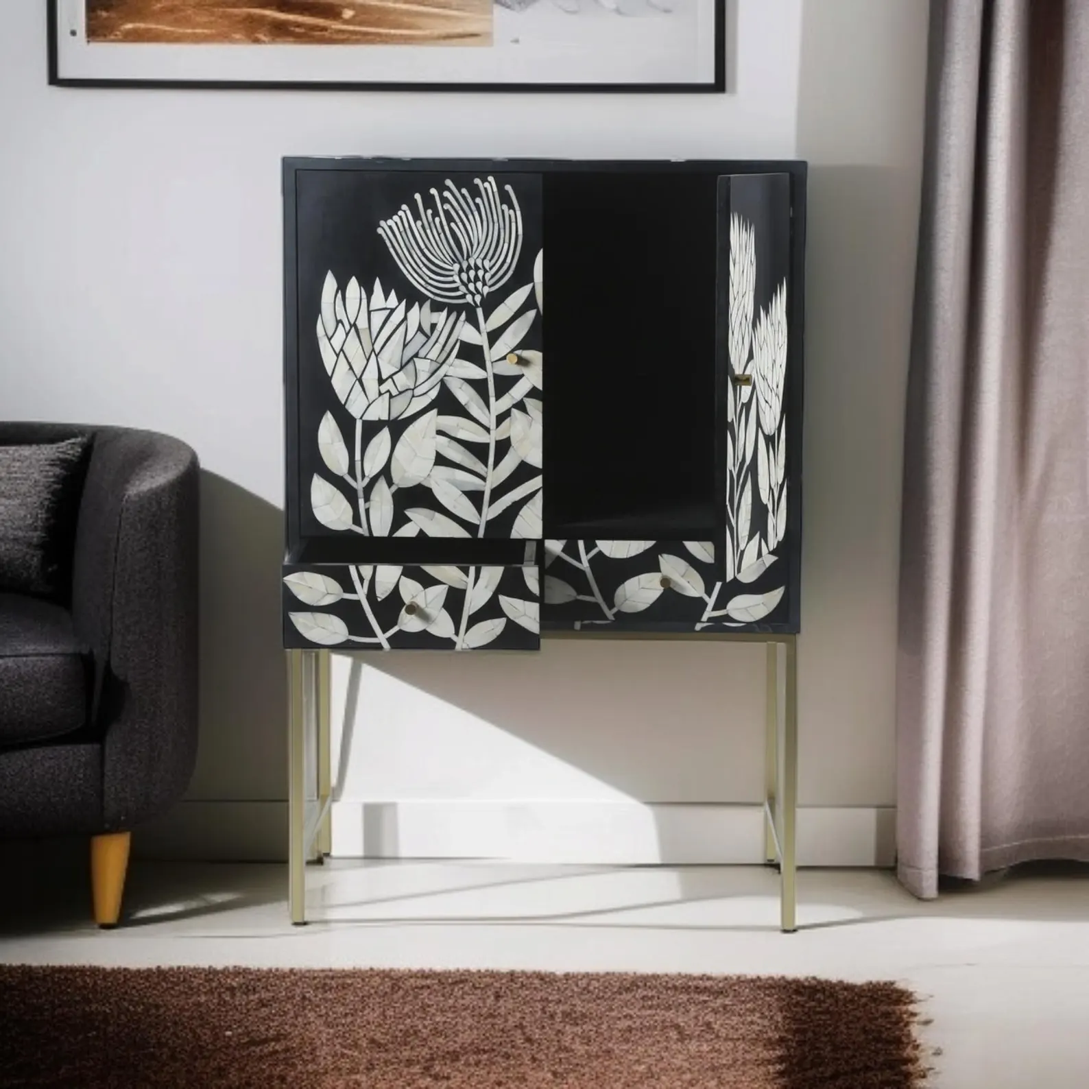 Black Bone Inlay Cabinet with Floral Design | Modern Bone Inlay Sideboard | Handcrafted Bone Inlay Chest | Floral Resin Cabinet