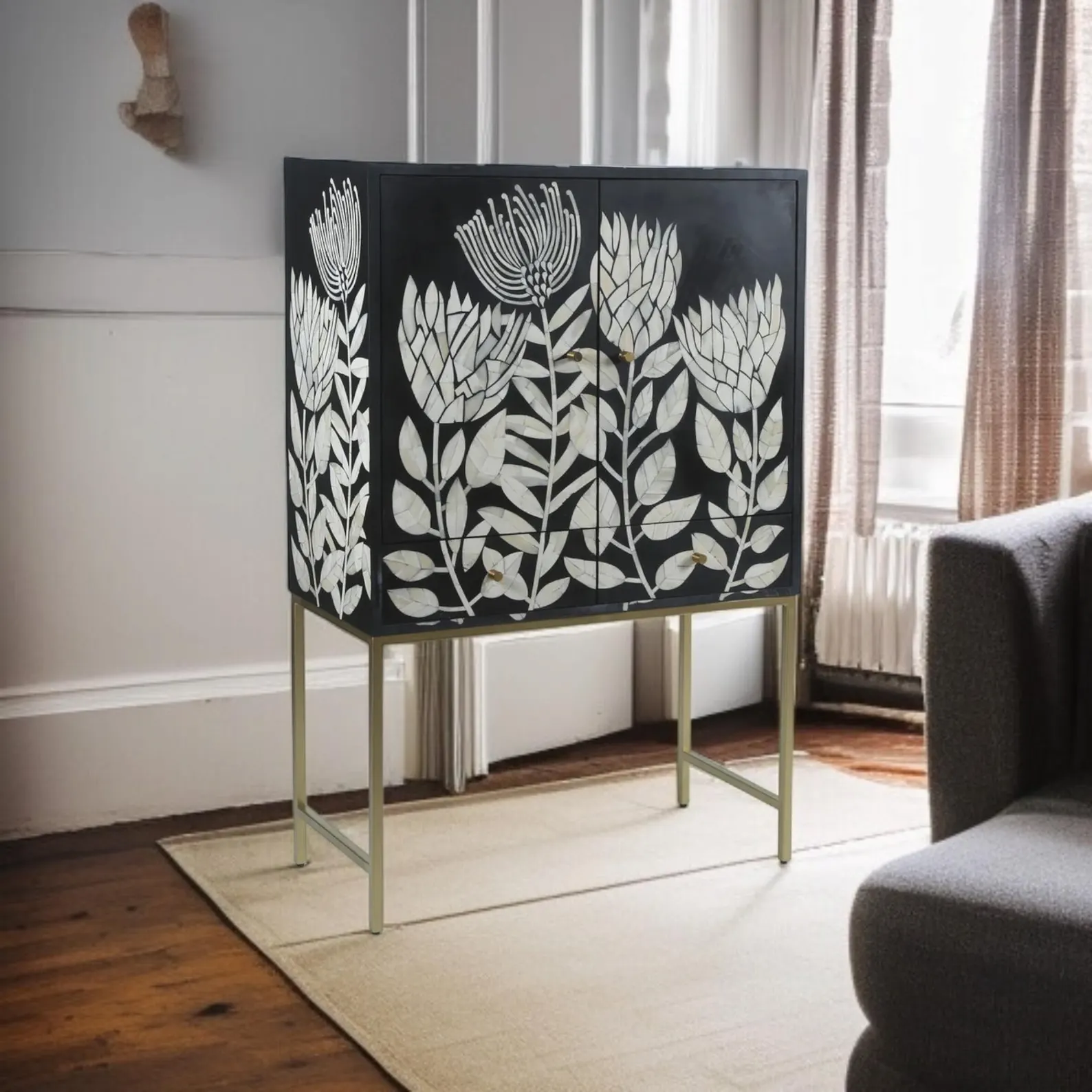 Black Bone Inlay Cabinet with Floral Design | Modern Bone Inlay Sideboard | Handcrafted Bone Inlay Chest | Floral Resin Cabinet