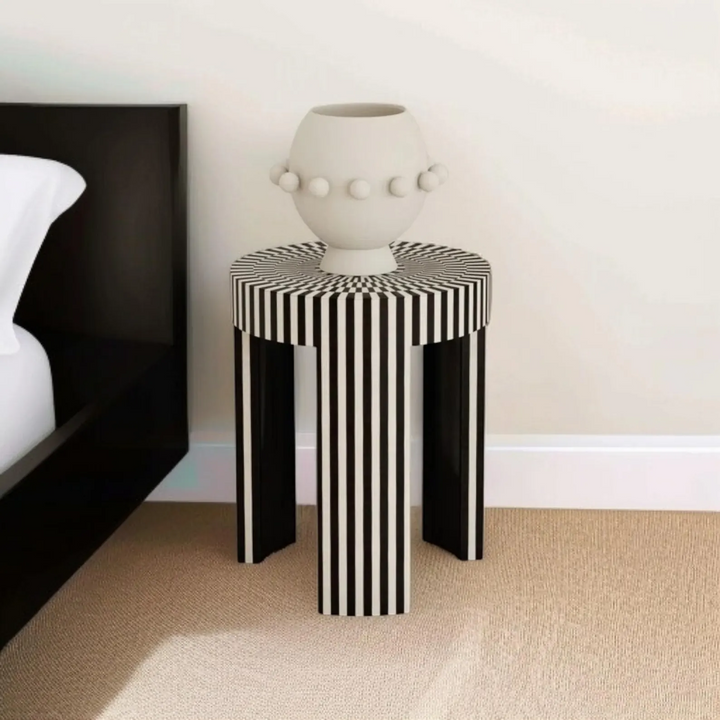 Handmade Bone Inlay End Table | Handmade Round Side Table | Handmade Bone Inlay Bedside Table | Boho Inlay Furniture bone inlay furniture