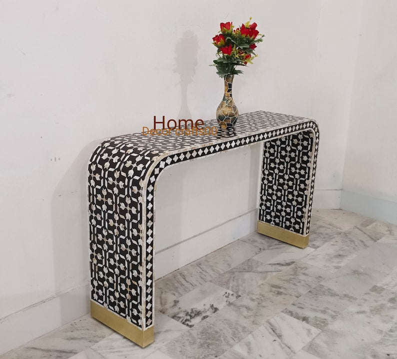 handmade mother of pearl inlay console table, mop inlay U console table, bone inlay furniture,