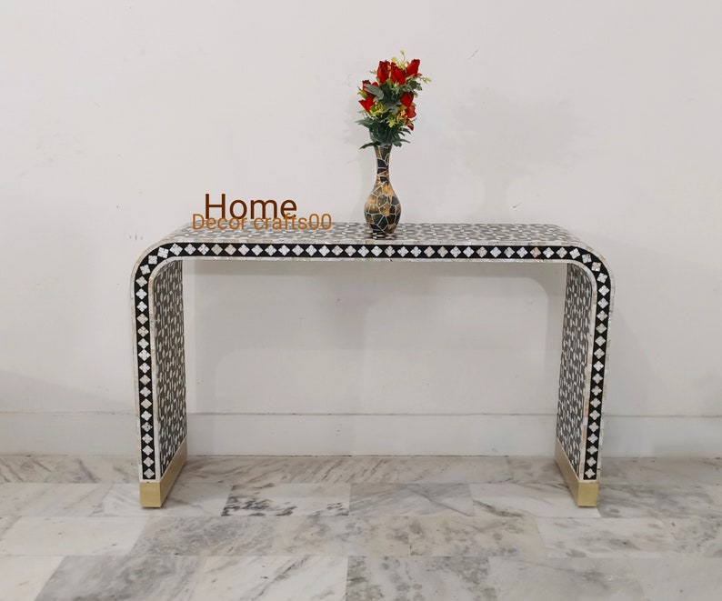 handmade mother of pearl inlay console table, mop inlay U console table, bone inlay furniture,