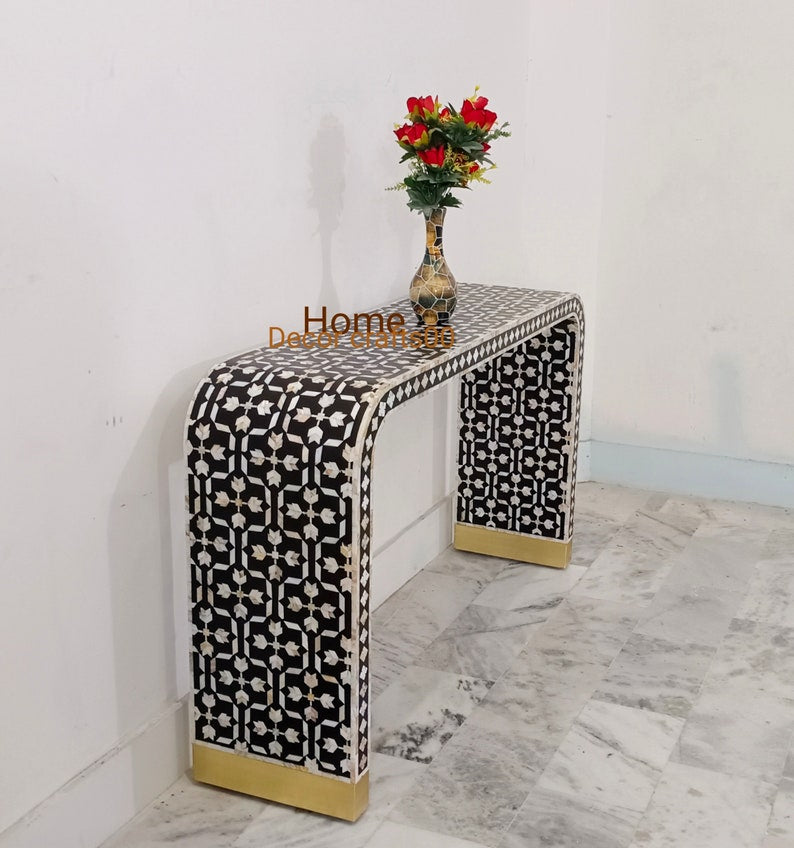 handmade mother of pearl inlay console table, mop inlay U console table, bone inlay furniture,