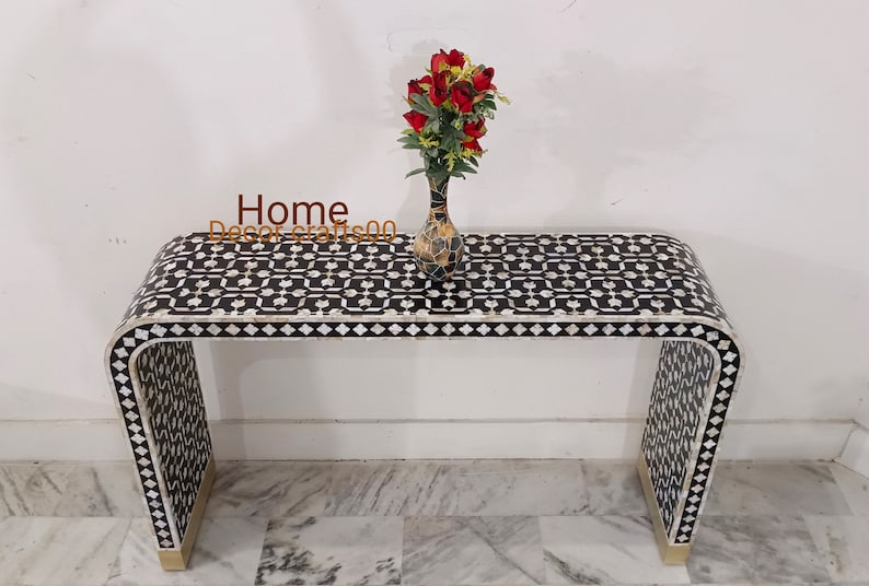 handmade mother of pearl inlay console table, mop inlay U console table, bone inlay furniture,