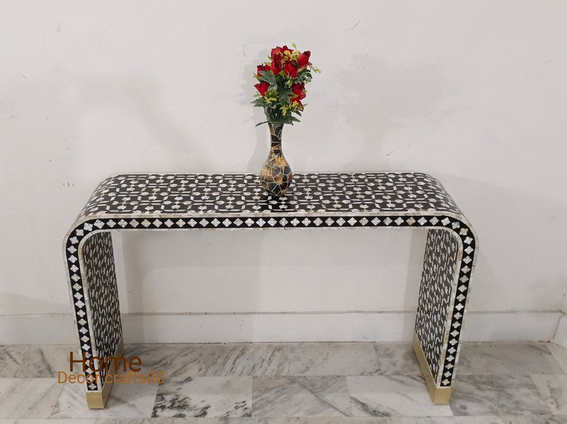 handmade mother of pearl inlay console table, mop inlay U console table, bone inlay furniture,