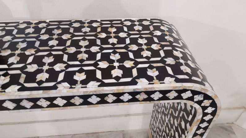 handmade mother of pearl inlay console table, mop inlay U console table, bone inlay furniture,