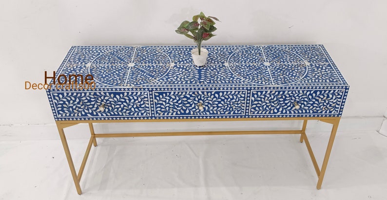 Indian handmade mother of pearl Inlay Console Table, 3 Drawer Floral Design console